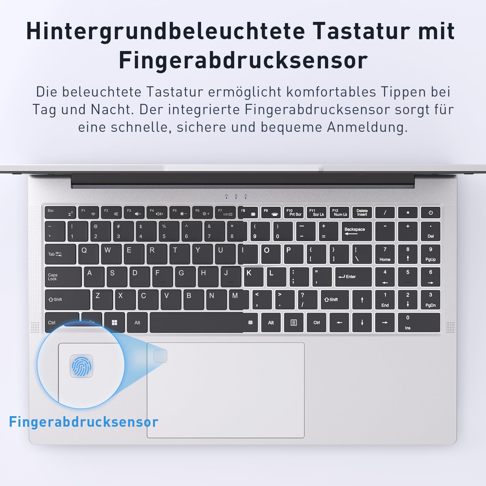 Auusda Laptop 15,6 Zoll Notebook, 16GB DDR4 RAM 512GB SSD, 3250C Prozessor, Fingerabdrucksensor, beleuchtete Tastatur, Ziffernblock, Privacy-Kameraabdeckung, leichtes Notebook für Schule & Büro