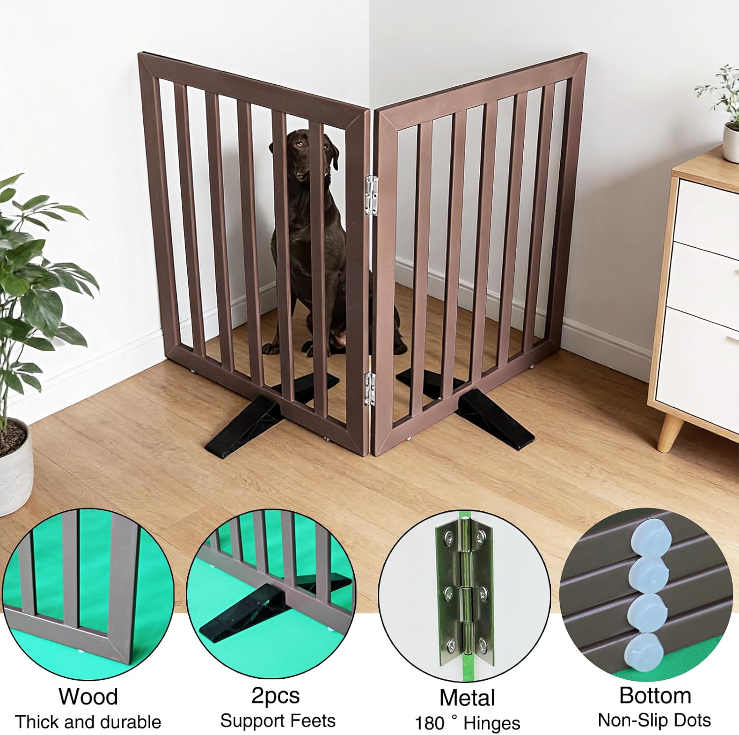 Dog Gate Indoor, Freestanding Dog Fence for The House, Doorways, Hallways,or Stairs,Pet Gate Foldable Wooden,Expandable 32" Height 2 Panels,Brown
