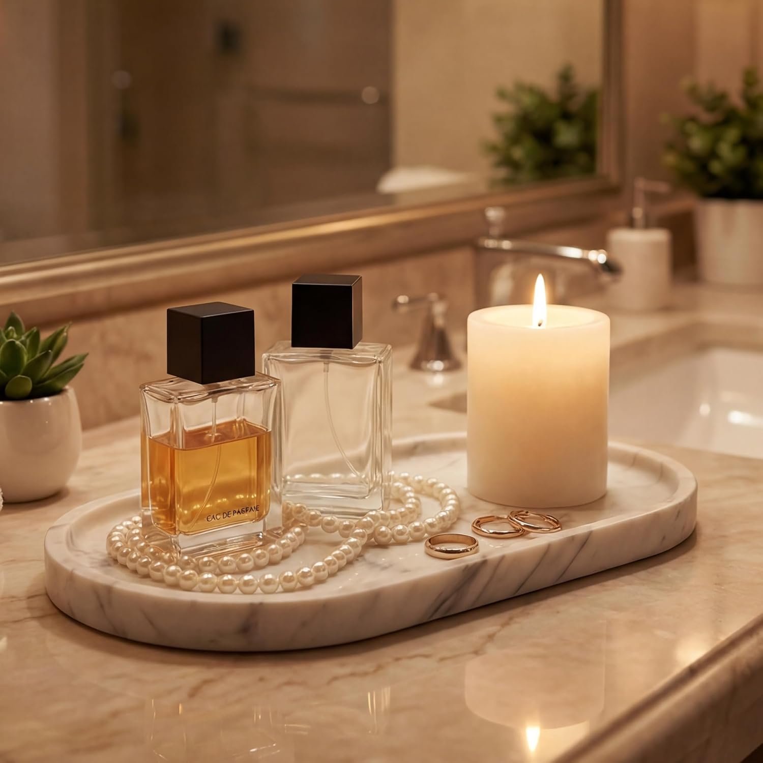 YKAJO 11.6" x 5.9" Oval Real Marble Tray for Bathroom & Kitchen Counter — 100% Natural Stone Decorative Vanity Tray for Dresser & Perfume — Heavy Catchall Organizer for Soap & Jewelry, White Gray