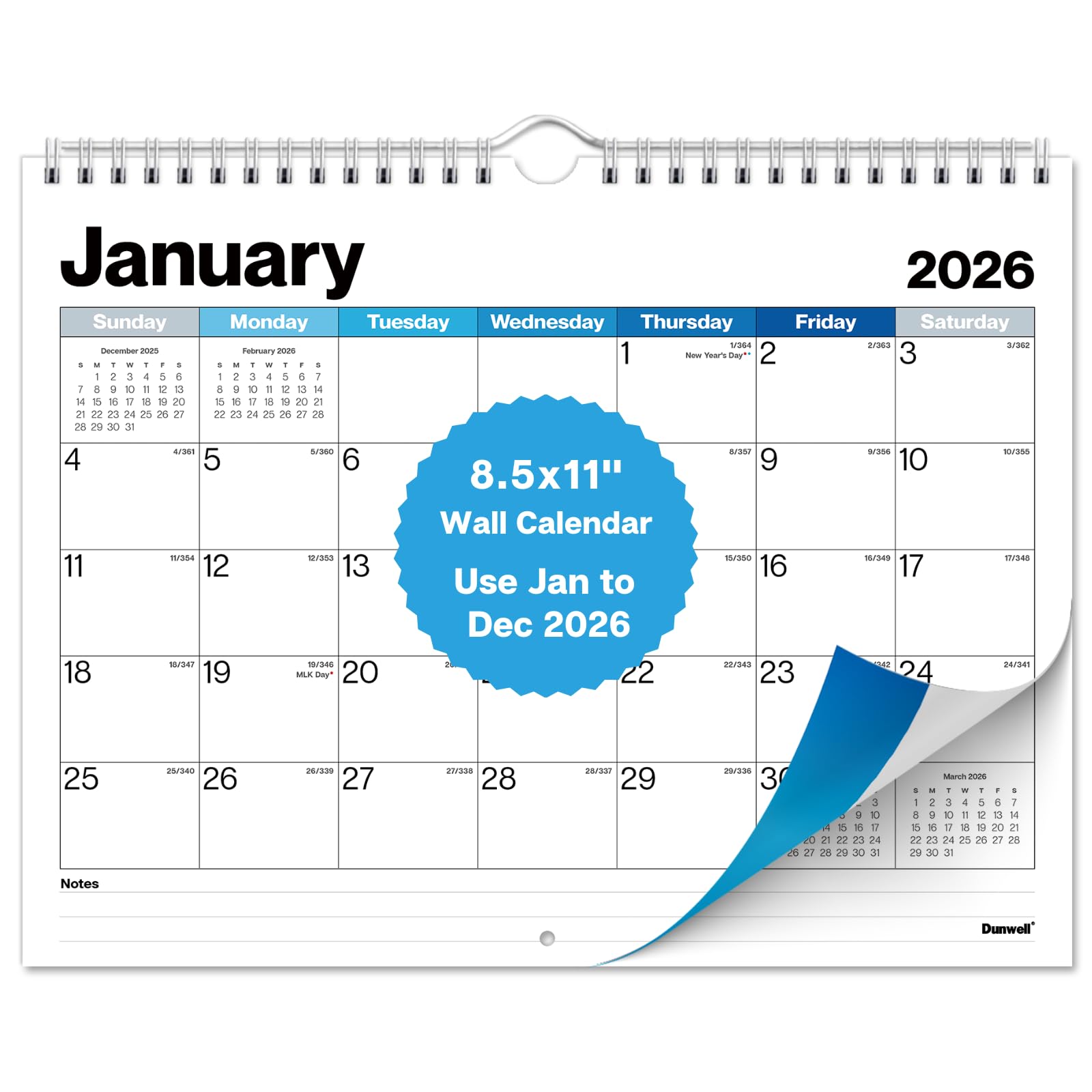 Dunwell 8.5x11" Wall Calendar 2026, Use January to December 2026, Use Hanging on Wall or Use as 8.5 x 11 Office Desk Calendar