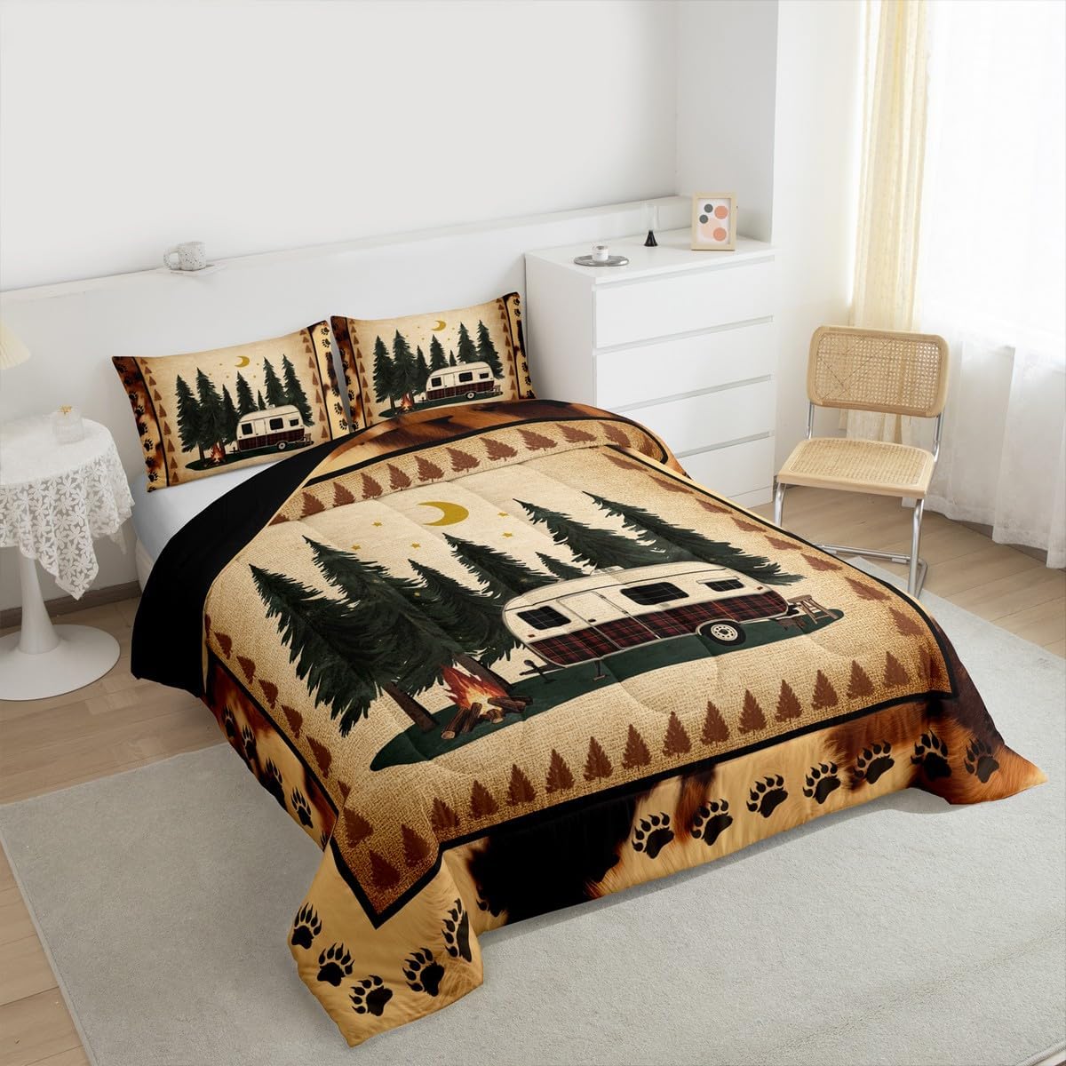 Erosebridal Happy Camping Bedding for Camper RV Car Comforter Set Full, Brown Farmhouse Duvet Insert Animal Paw Quilt Comforter, Rustic Lodge Cabin Bedding Comforters & Sets Retro Farm Style Decor