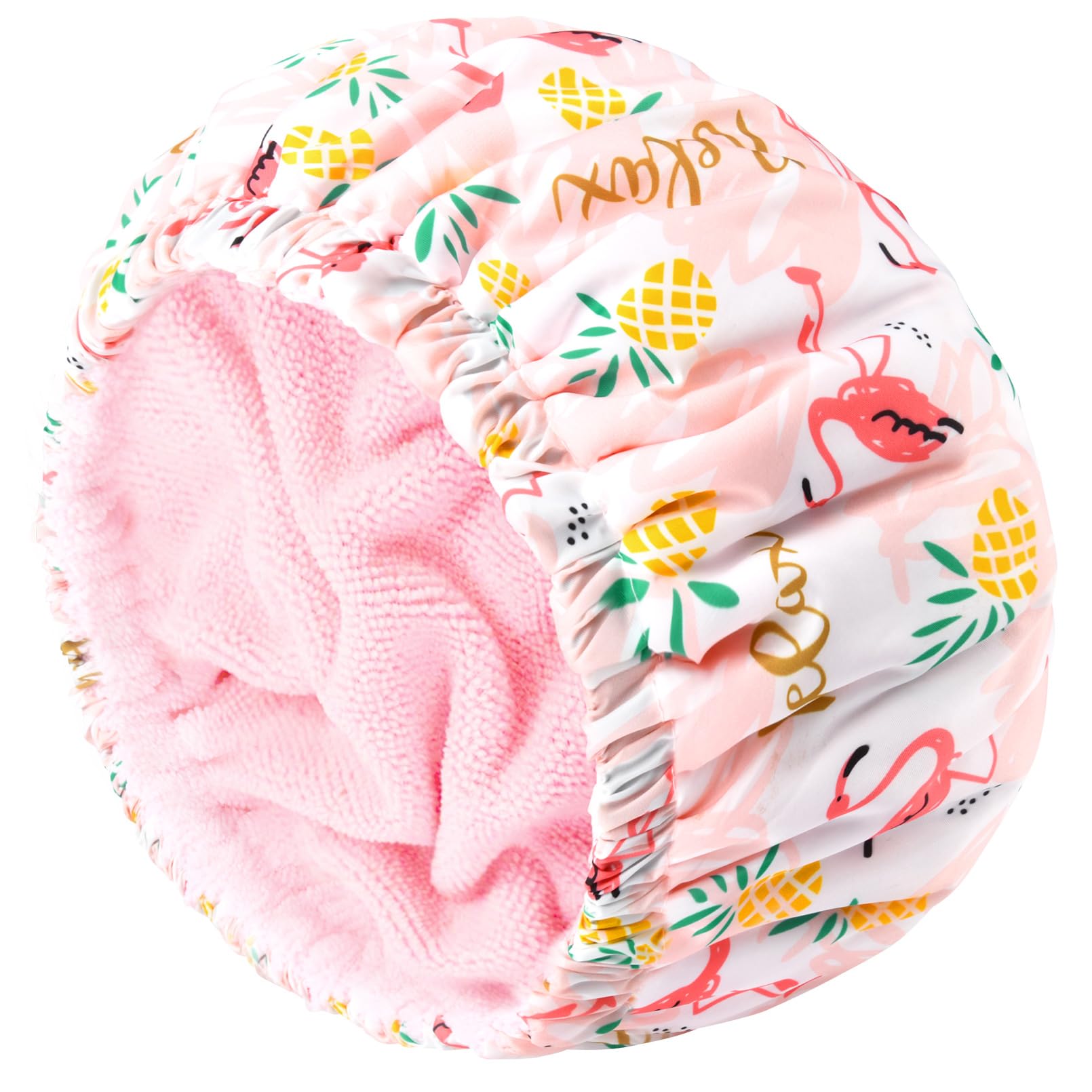 Shower Cap for Women Terry Lined Bath Cap Large Reusable Waterproof Elastic Band Pink Flamingo Shower Caps for Long Thick Hair Soft Bath Shower Hair