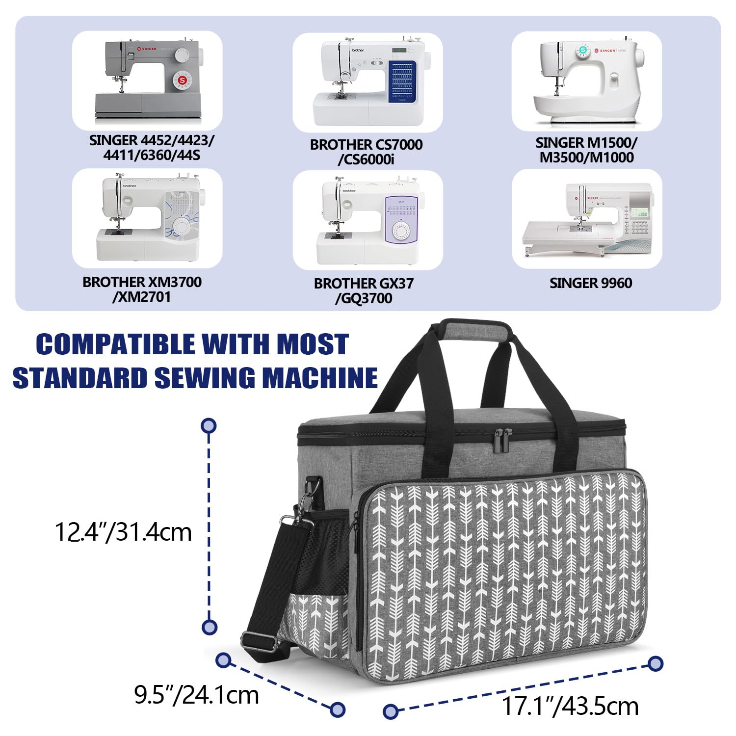Yarwo Sac pour Machine à Coudre, Sac de Transport pour Machine à Coudre avec Planche de Bois pour Soutenir Le Fond, Convient à la Plupart Majeur Machine à Coudre, Gris avec Motif de Flèche | Avec Planche Bois Amovible, Plusieurs Poches, Rembourrage Épais