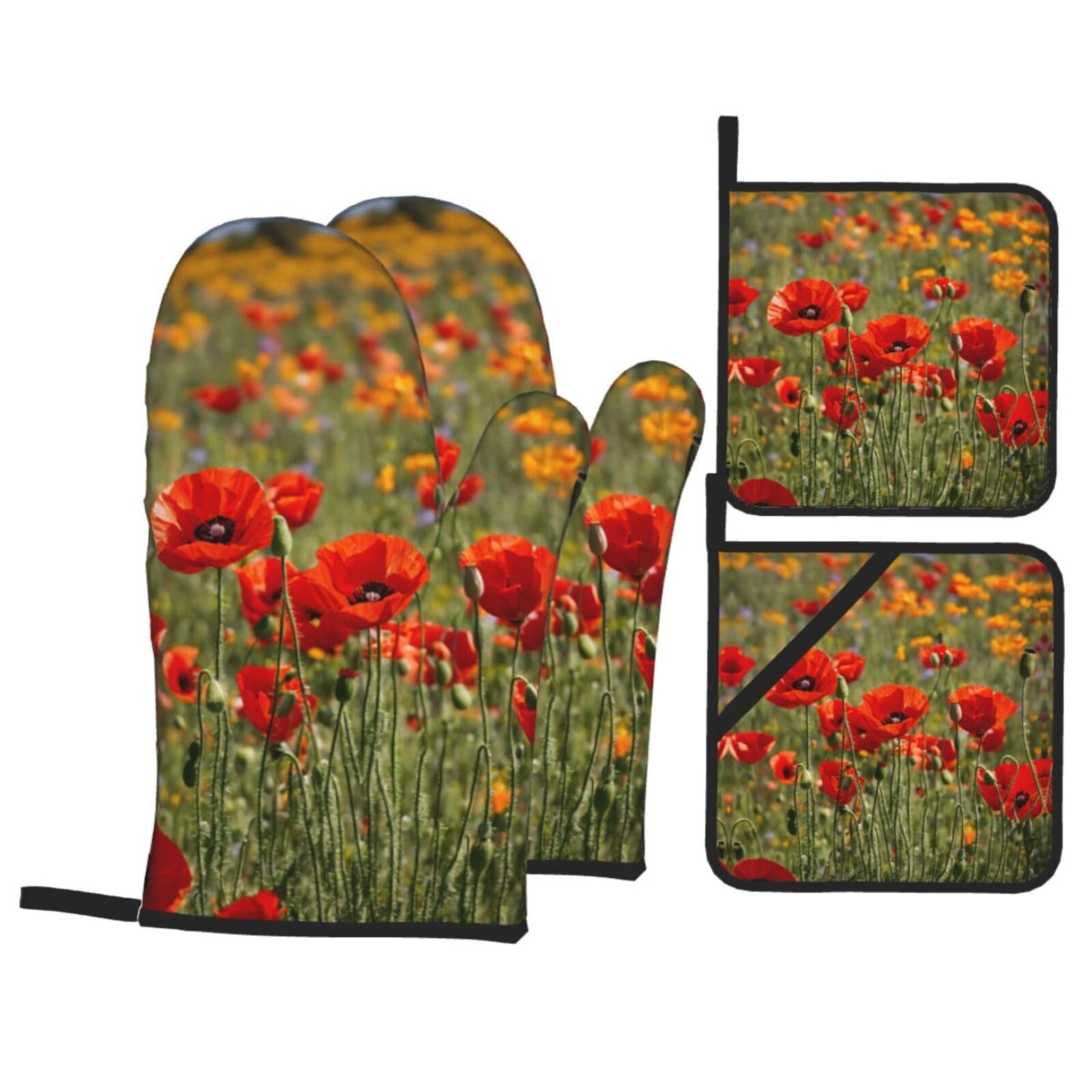 poppy flowers Print Oven Microwaving Waterproof Kitchen Gloves for Baking Grilling Holiday Cooking