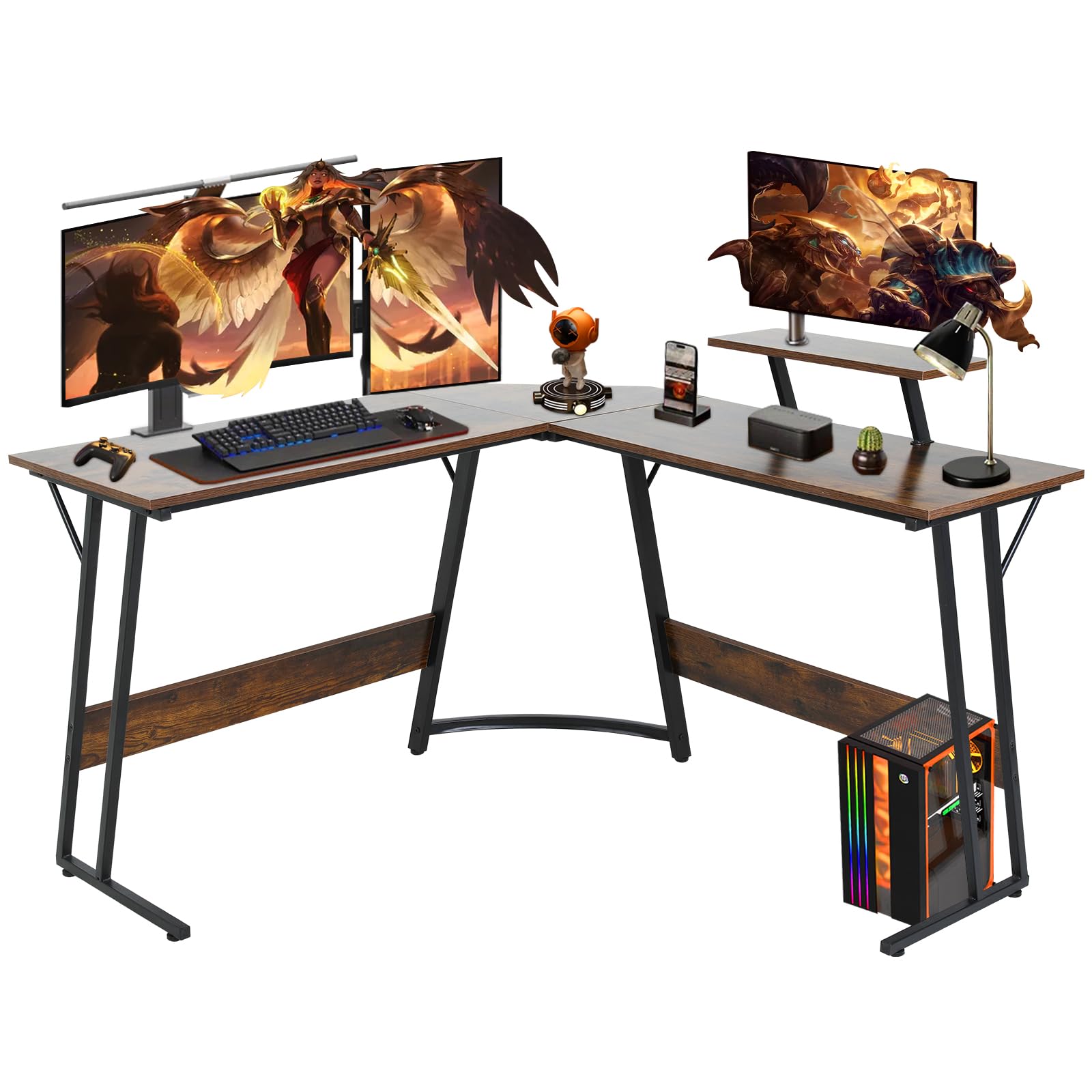 51 inch L Shaped Gaming Desk, Computer Desk for Bedroom, Brown L shaped Desk for Gaming,Home Office Desks with Detachable Monitor Stand, Corner Desk