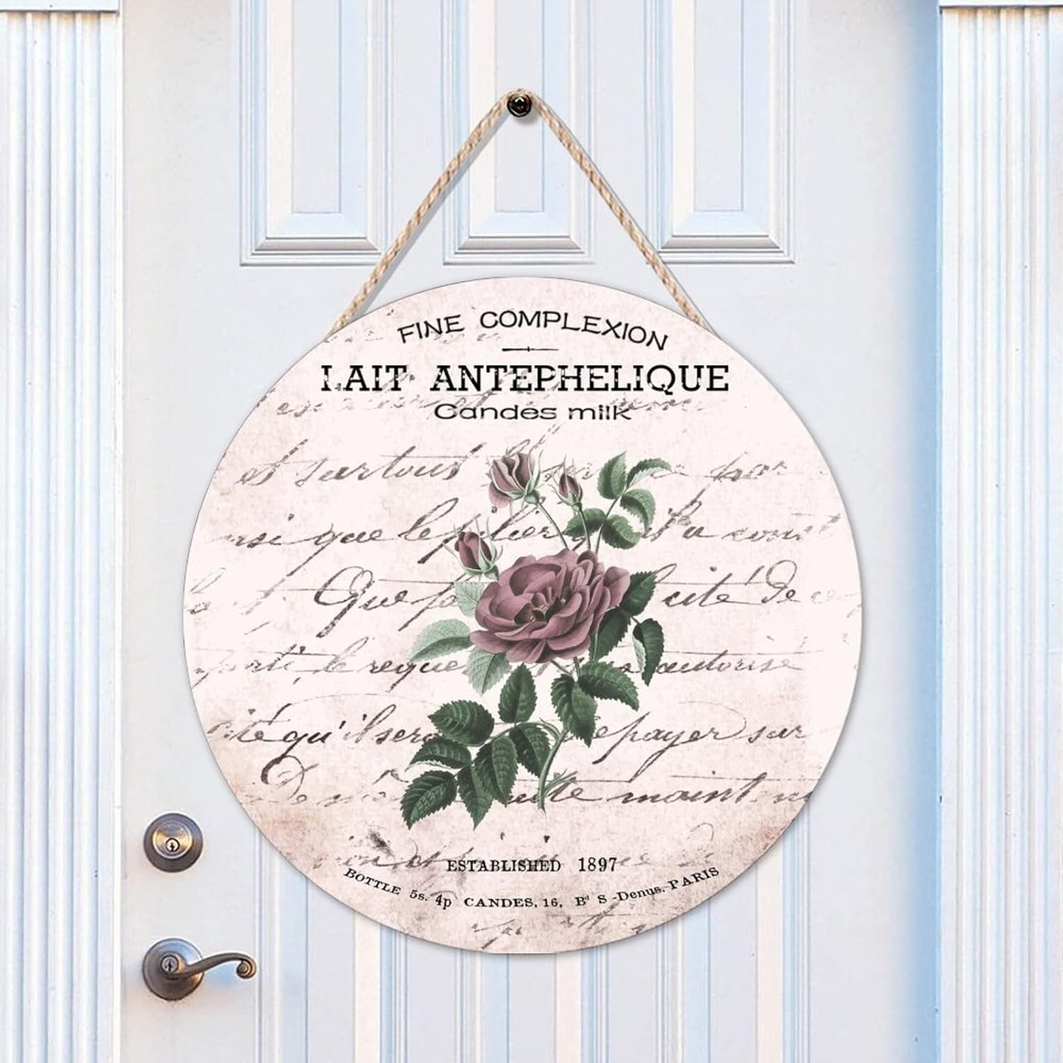 French Vintage Flower Wood Door Sign Vintage Front Door Round Wood Sign 16x16in Rustic Wall Door Hanging Sign Decor for Outdoor Front Porch Front Door Housewarming Gifts