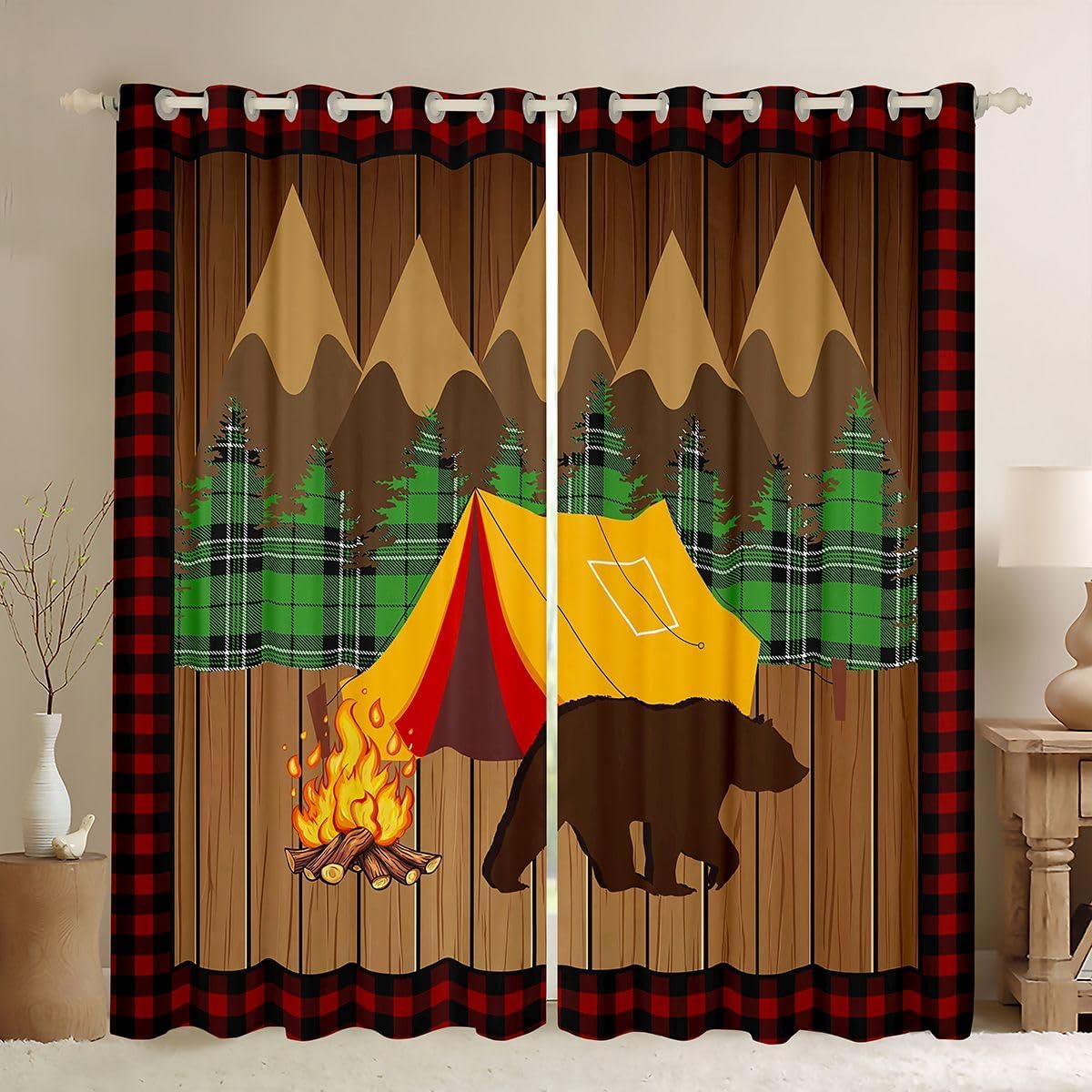 Feelyou Camper Curtains for Bedroom Living Room Happy Camping Blackout Darkening Drapes RV Camping Window Treatments, 2 Panels 38 x 45 Inch Camper Accessories for Travel Trailers Room Decor Bear