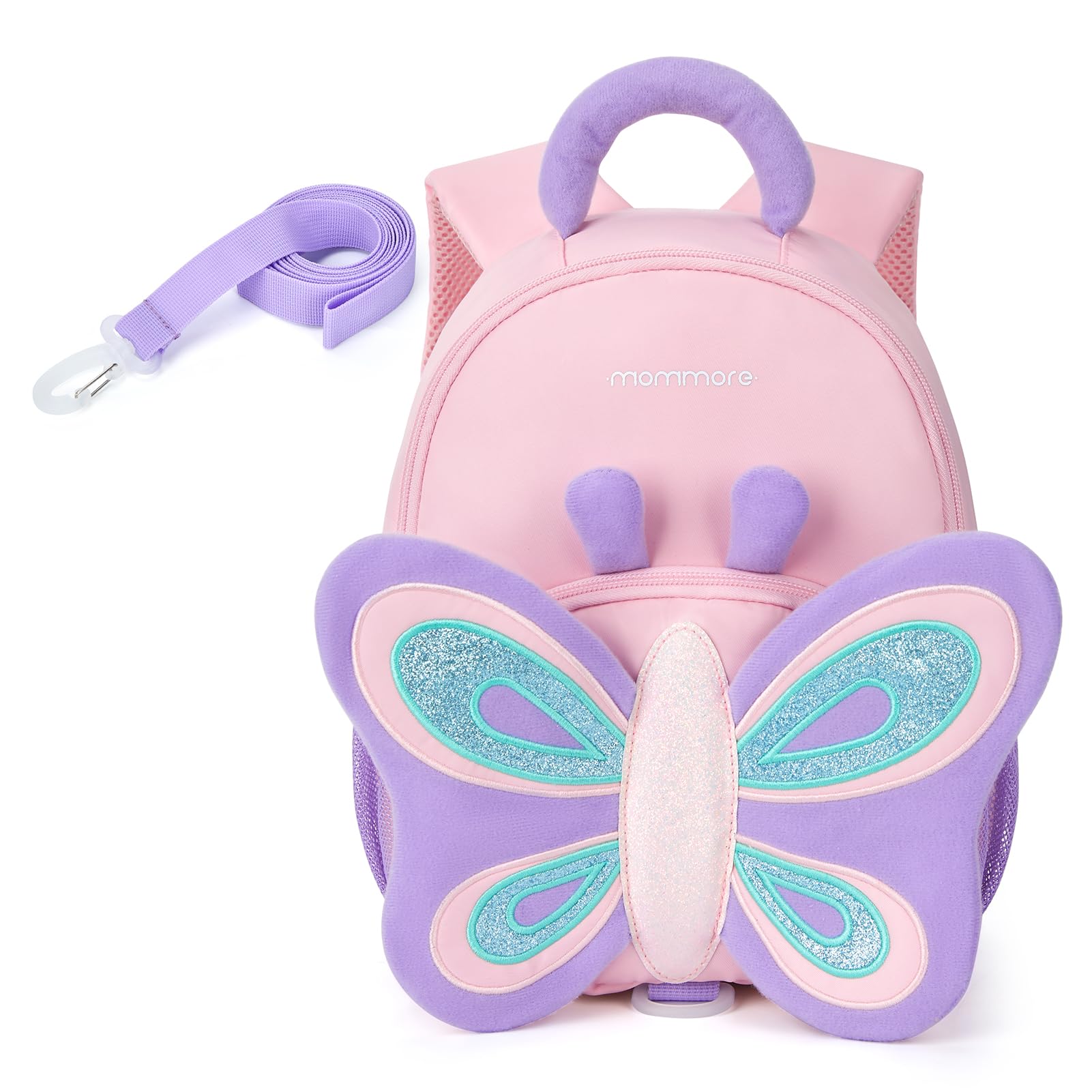 mommore Toddler Backpack for Girls 2-4 Cute 3D Kids Backpack Butterfly Small Pre-K Backpacks Water-Resistant for Preschool Kindergarten with Toddler Leash, Chest Buckle