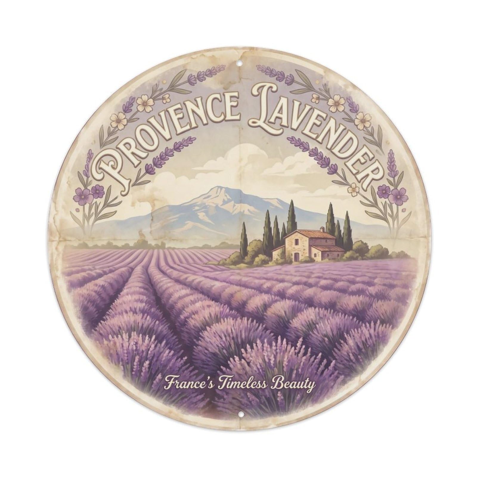 Vintage Travel Provence Lavender Fields Metal Tin Sign Plaque Wall Decor for Cafe, Club Bar, Office, Home Garden Round Metal Poster 8x8Inch