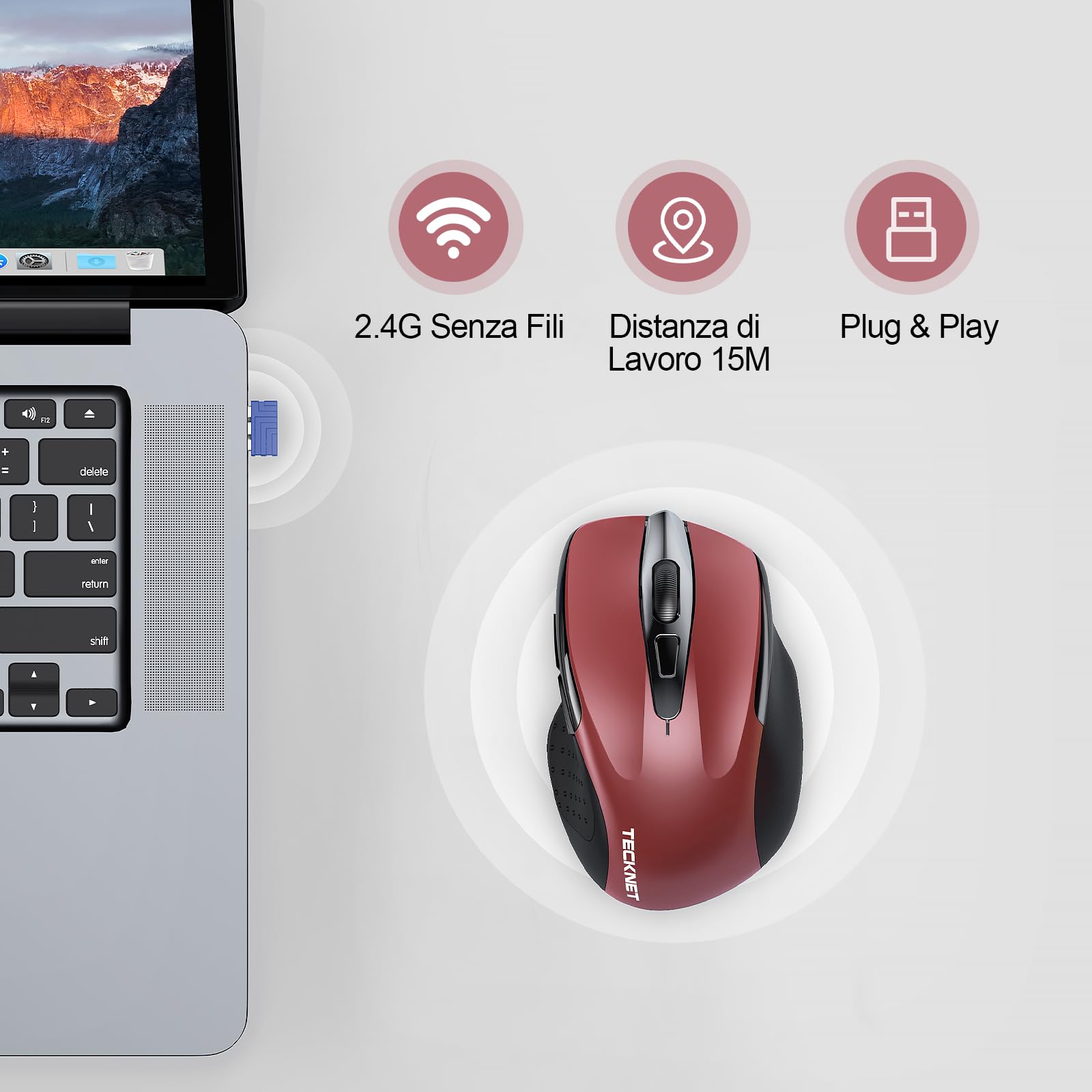 TECKNET Mouse Wireless Ricaricabile, Silenzioso Senza Fili, Riduzione Rumore 90%, 4800 DPI, 6 Pulsanti Ergonomico, 2.4G USB Compatibile Con PC Portatile, Mac, Laptop