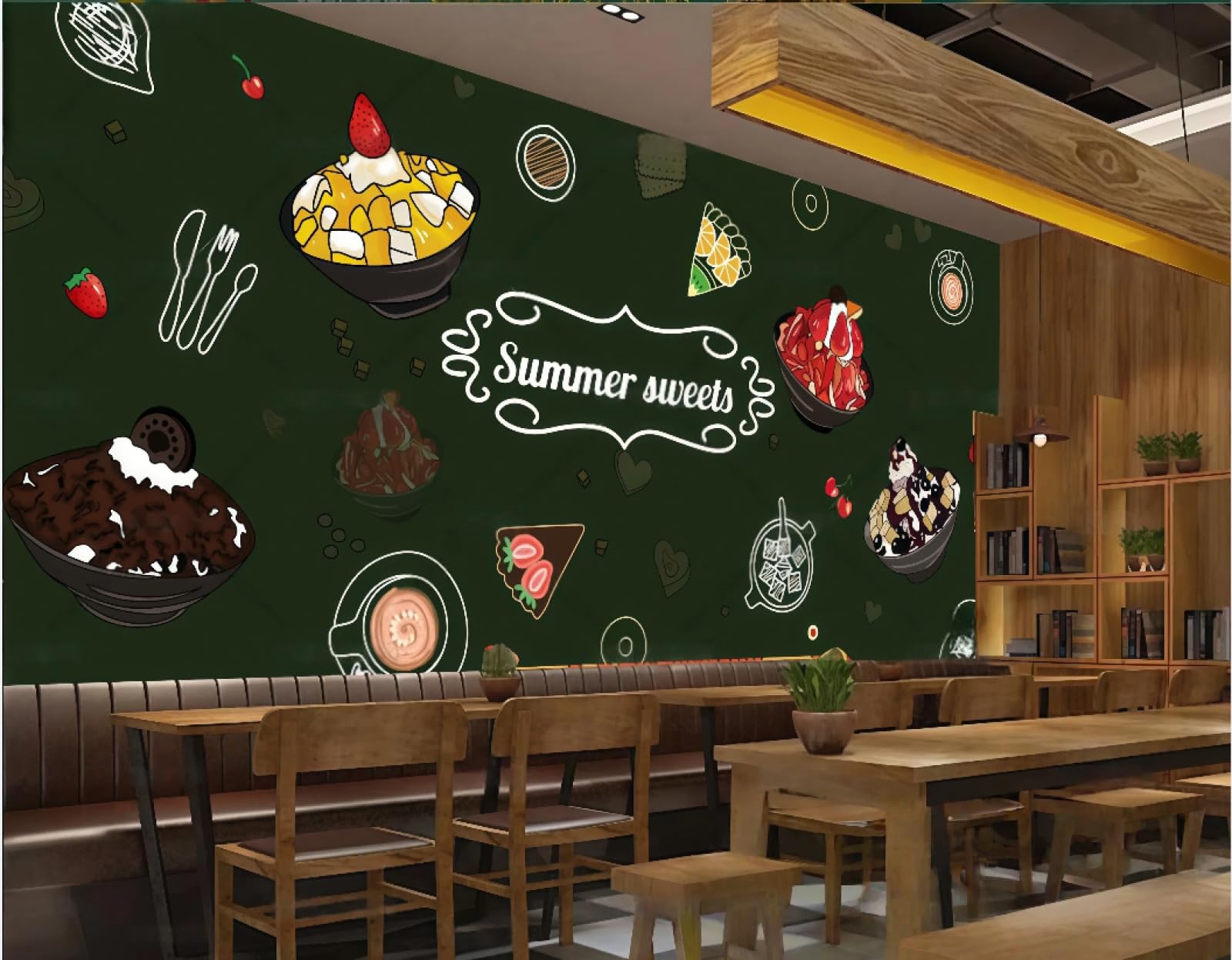 XDOUBAO Wallpaper Hand-Painted Blackboard Graffiti Dessert Shop Coffee Cake Theme Afternoon Tea Western Restaurant Background Wall Wallpaper Coffee Shop Mural,3D,200x140cm