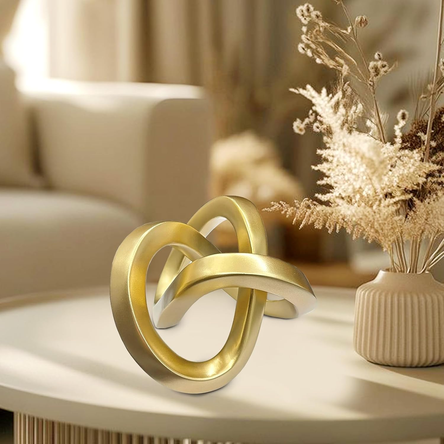 Gold Geometric Knot Sculpture - Resin Infinity Loop Decorative Statue for Coffee Table, Bookshelf Decor, Modern Home Accents - Small Tabletop Art Object