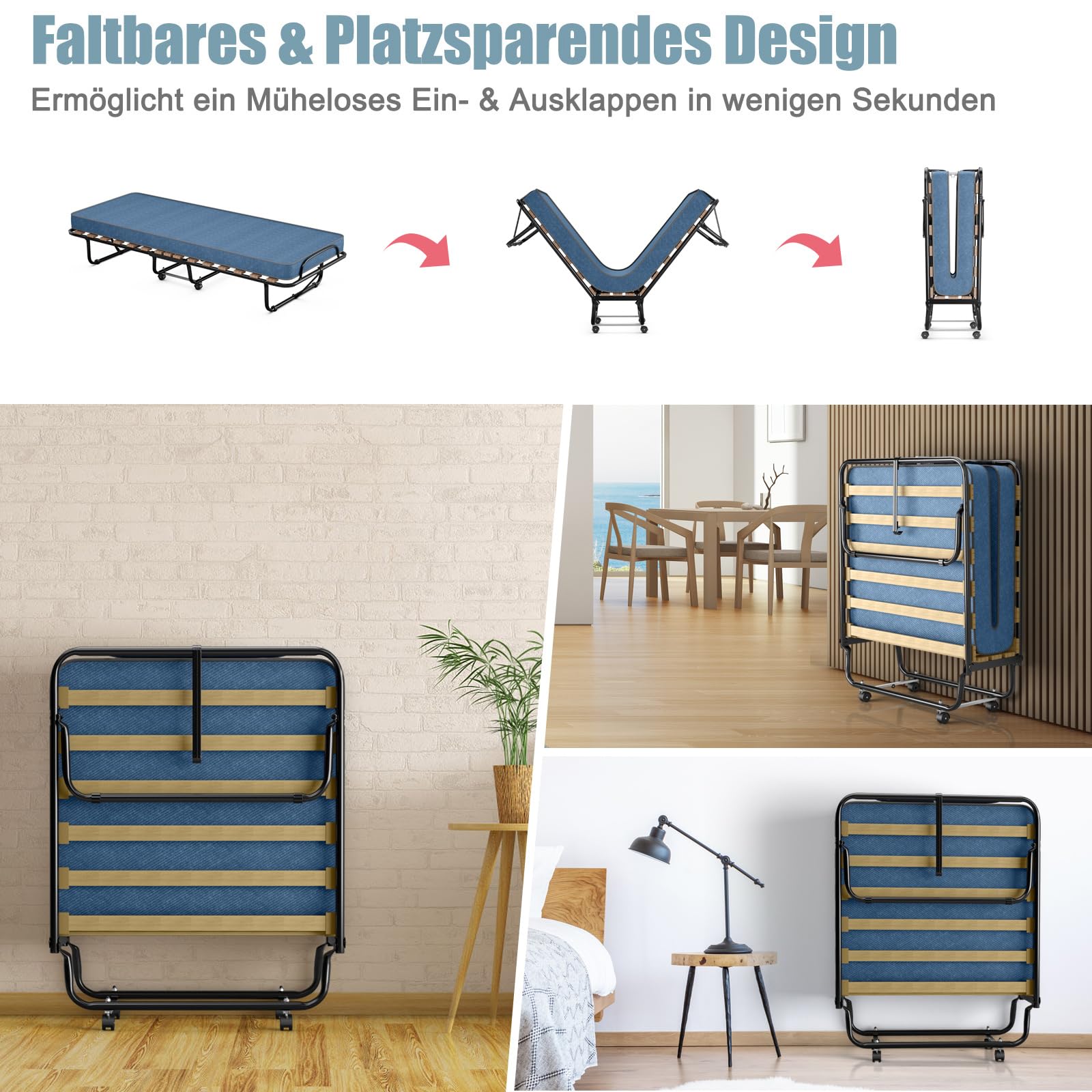 FANTASK Gästebett bis 130kg belastbar mit Matratze aus Rückstellschaum, 80x190cm Klappbares Einzelbett, Stabiler Metallbett, Klappbett auf Rädern, Faltbett Camping Gästezimmer