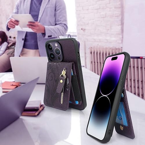 Miniatura 5 de Lacass Funda compatible con MagSafe Case Wallet para iPhone 15 Pro de 6.1 pulgadas, tarjetero magnético desmontable con cremallera (floral morado