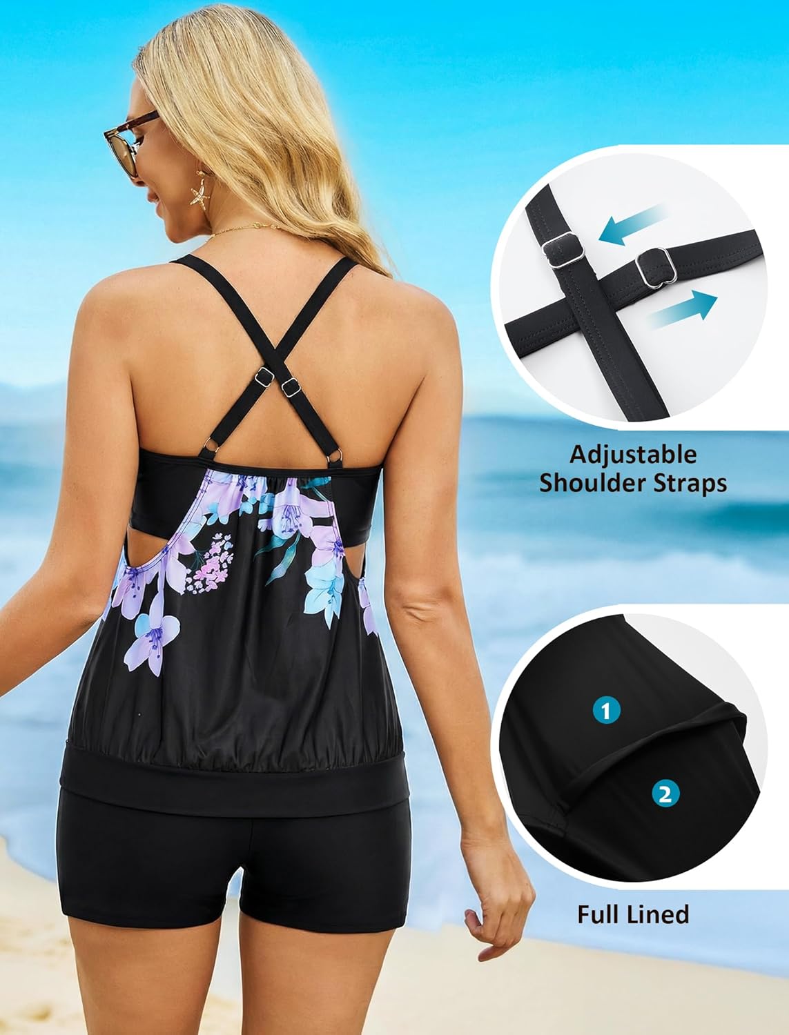 Arolina Tankini Swimsuits for Women Modest Two Piece Blouson Bathing Suit Tank Top with Boy Shorts Pockets (S-24W)
