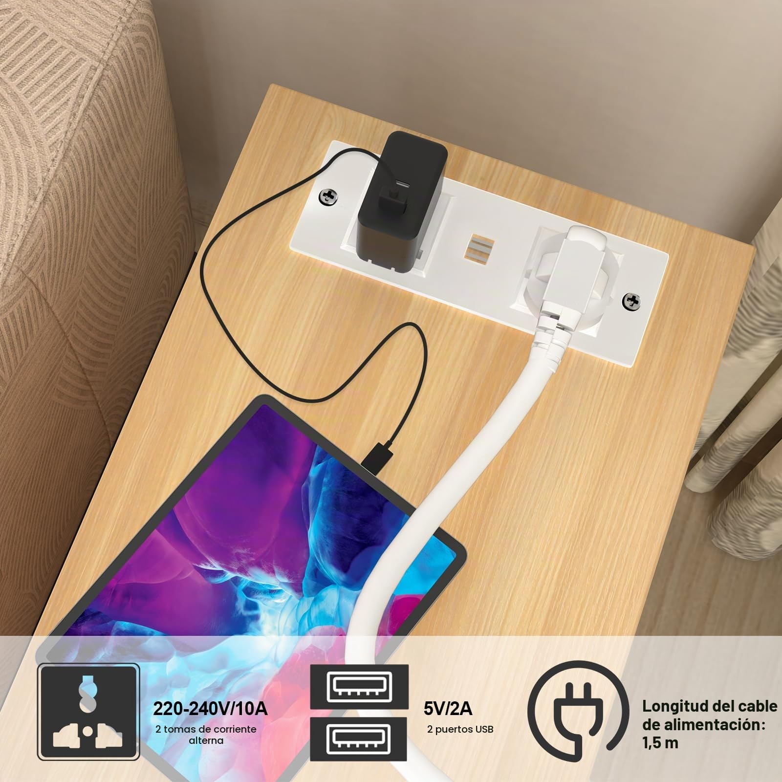 Mesilla de Noche Estrecha con Estación de Carga, Mesita de Noche con Puertos USB, Mesita Auxiliar con Cajones y Estante, Mesita de Noche Para Habitaciones Pequeñas, Mesa Auxiliar con Ruedas