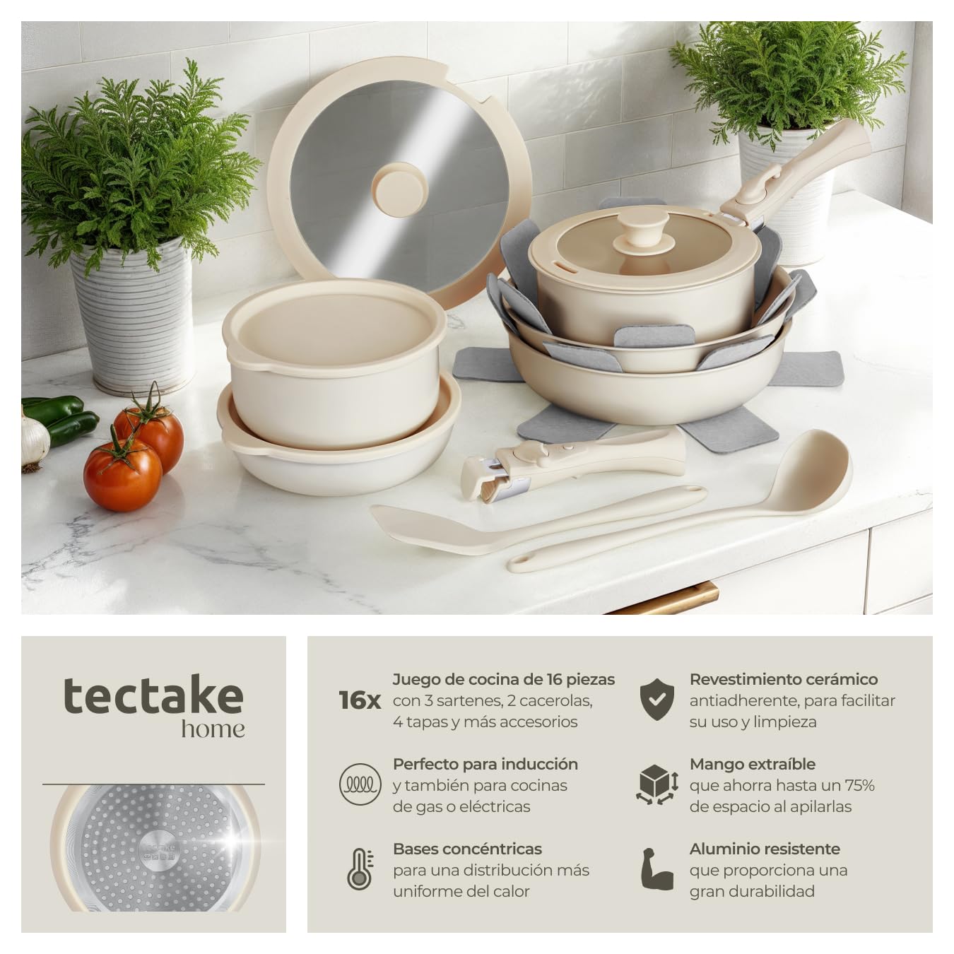 tectake® Juego de Cocina 16 Piezas Apto para Inducción, Incluye 2 Ollas Cocina Grandes, 3 Sartenes, Todo con Recubrimiento Cerámico Antiadherente y con Asas Extraíbles, Cocinas Completas - Blanco