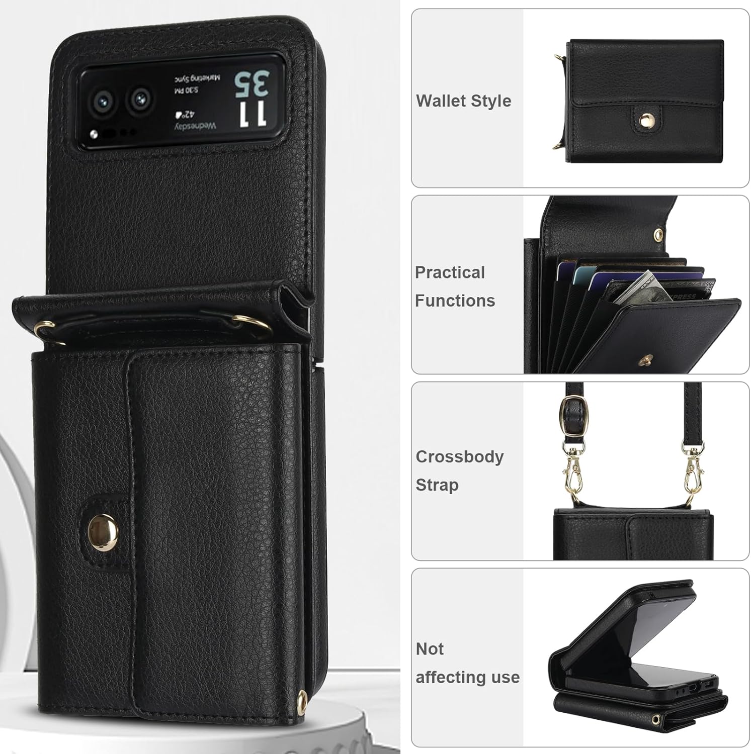 Asuwish Phone Case for Motorola Razr 40/Moto Razr 2023 Wallet Cover with Crossbody Wrist Strap Lanyard Credit Card Holder Slot Stand RFID Blocking Cell Leather Purse XT2323-6 Women Men Girls Black