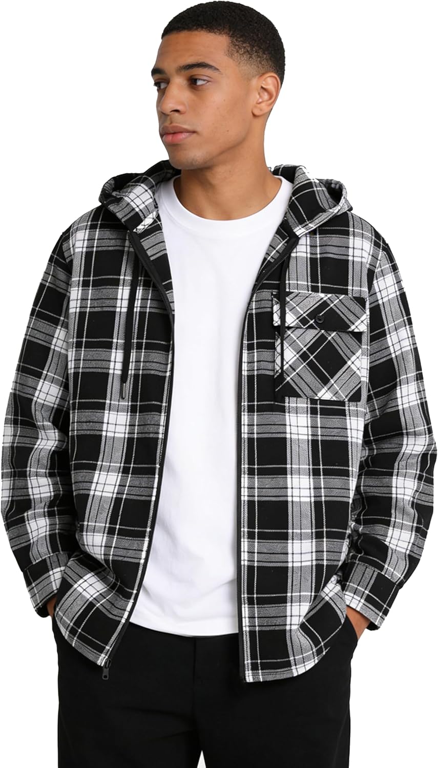 Hooded Flannel Shirt for Men Spring Casual Zip Up Plaid Hoodie Stylish Long Sleeve Plaid Shirts with Pocket