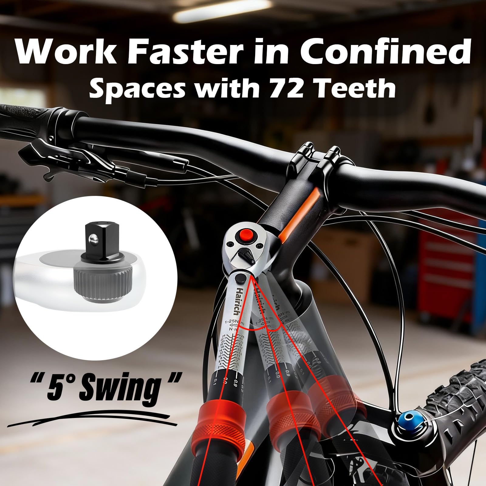 Hairich Clé dynamométrique pour vélo 1/4" 1-25 Nm, précision ± 3 %, cliquet à 72 dents, 33 pièces avec rallonge, adaptateur 1/4" à 3/8" et joint de cardan, pour vélo et moto