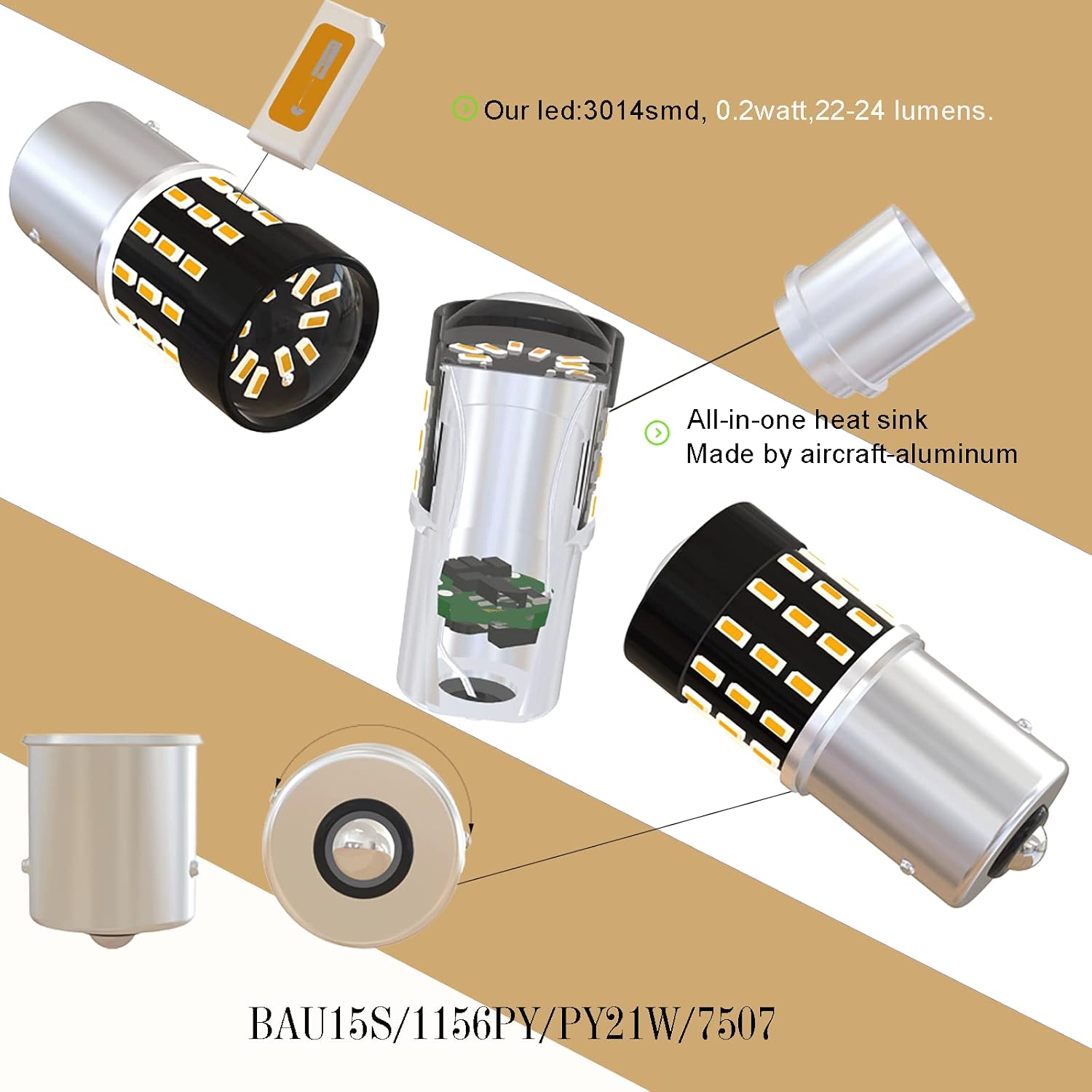BAU15S PY21W 1156PY 7507 7510 9507 Amber Yellow 54smd 3014 12V-24V Super Bright LED for Sidemarker Indicators Turn Signal Light Bulb Bulbs of Cars Trucks Motorcycles(pack of 4)