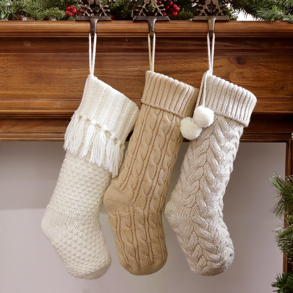 LimBridge Christmas Stockings Cable Knit, 3 Pack 18 inches Large Size Knitted Xmas Stockings, Rustic Farmhouse Boho Style Stocking Decorations for Family Holiday Season Decor, White & Beige