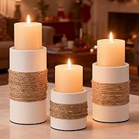 Vista 8 de Portavelas de pilar de madera natural, 3 portavelas rústicos, portavelas decorativos con acento de cuerda natural, portavelas de madera envejecida