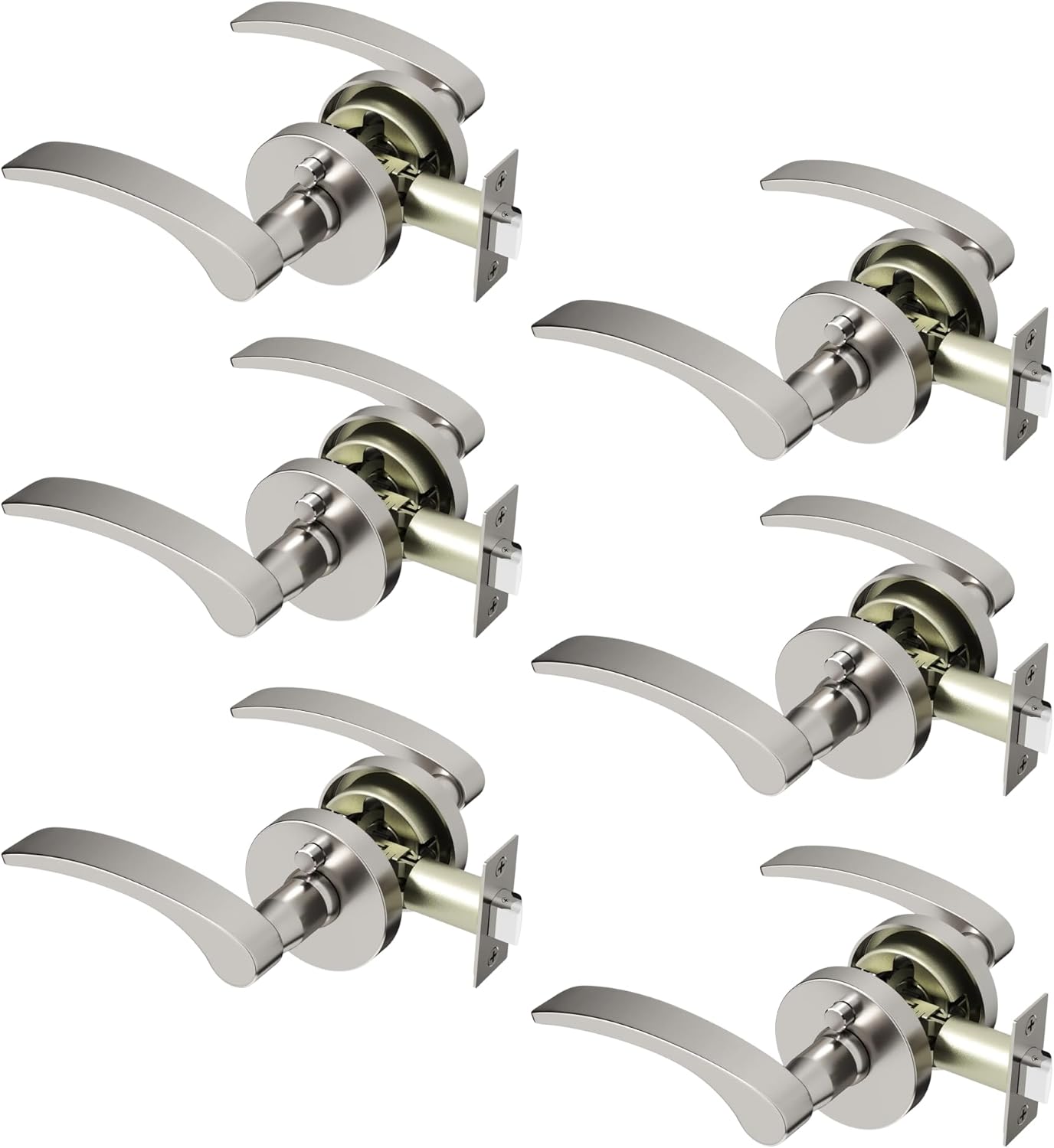 Okun Brook 6-Pack Brushed Nickel Privacy Door Levers – Push Button Lock, Reversible, Sleek Concealed-Mount Design for Bedroom & Bathroom
