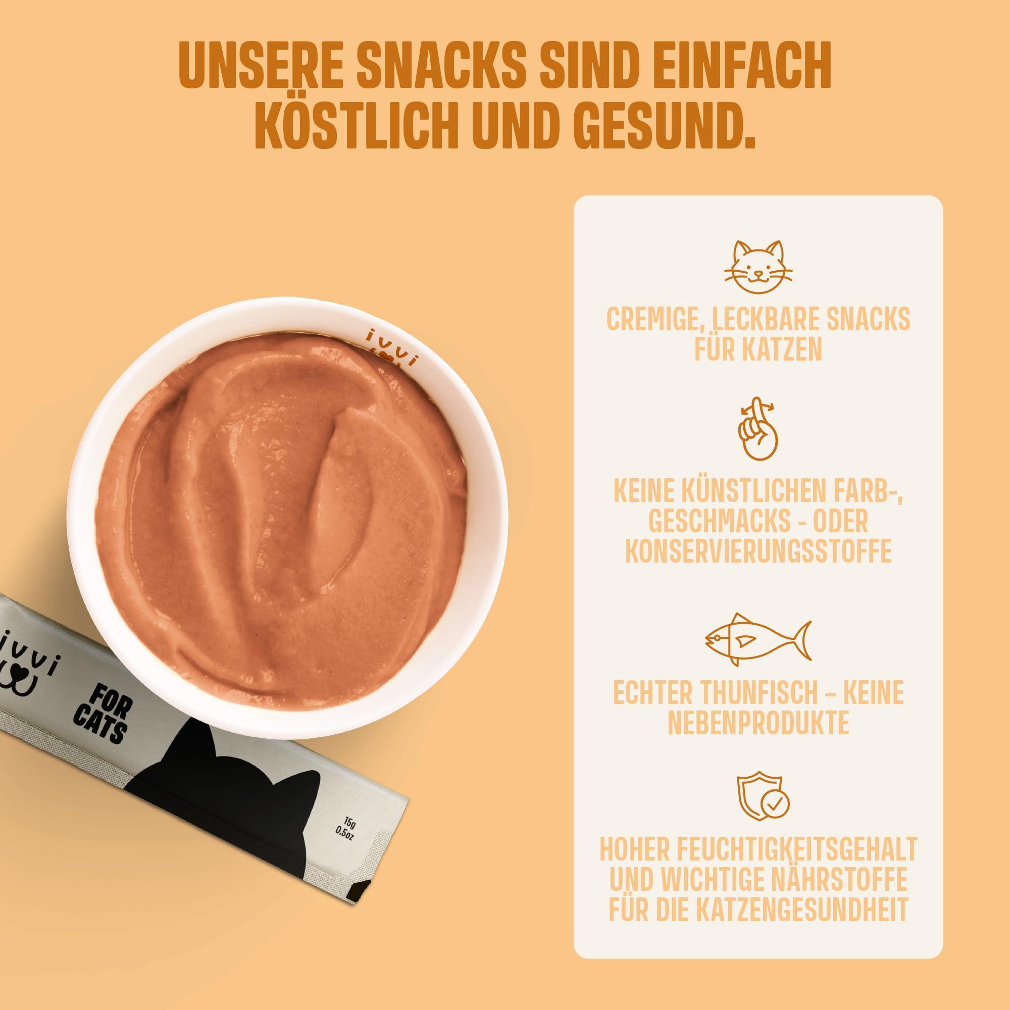 ivvi Haut & Fell Essenz für Katzen – Schlecksnack mit Lachsöl, Algenöl, Zink & Kollagen – unterstützt Haut & Fell – 30x15g – mit echtem Thunfisch