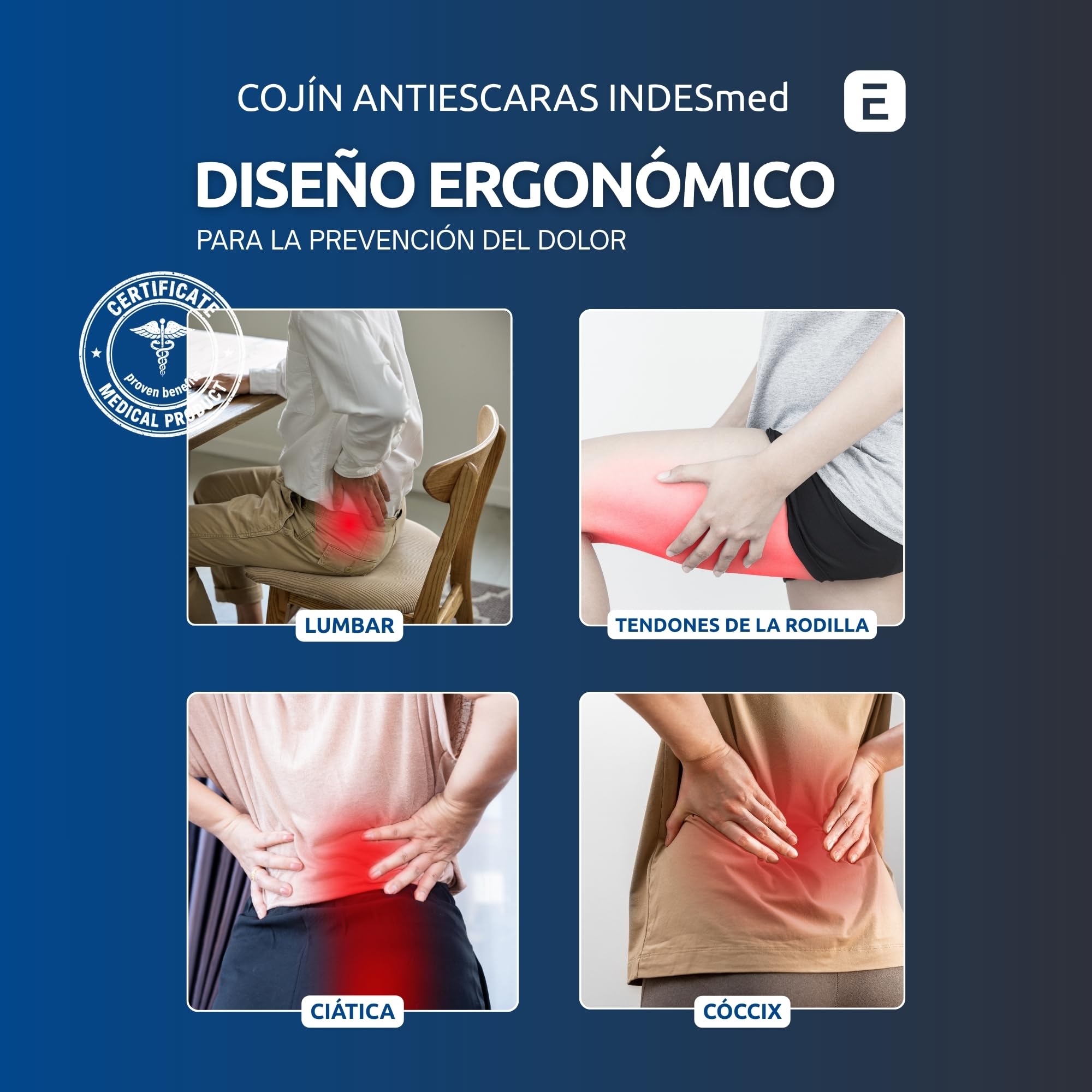 INDESMED Cojín Antiescaras Espuma Viscoelástica Alta Densidad, 100% Impermeable, Antideslizante y Ergonómico para Silla de Ruedas, Oficina |Cojín postural-Funda Lavable|Fabricado en España-40x40x4cm