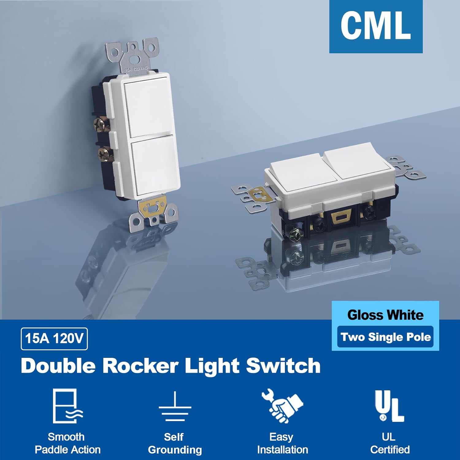 CML Double Paddle Rocker Decorator Light Switch, Single Pole Dual Self-grounding On/Off Interrupter, 15 Amp Electrical in-Wall Switches, UL Listed, 10 Pack, White