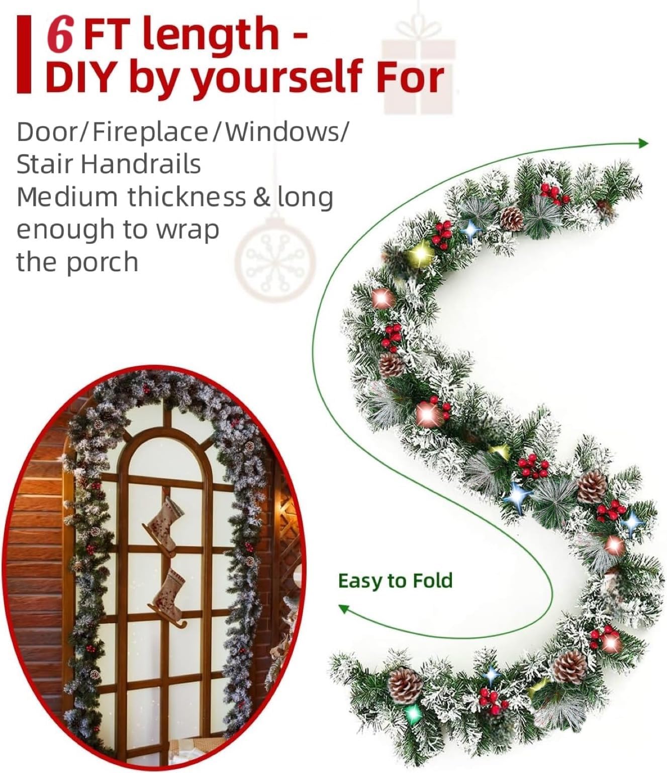 Weihnachtsdekoration, Girlande, 1,8 m, Weihnachtsgirlande mit Lichtern für Zuhause, Treppen, Kamine, Wände, künstliche Girlanden, Weihnachtsdekoration für drinnen und draußen