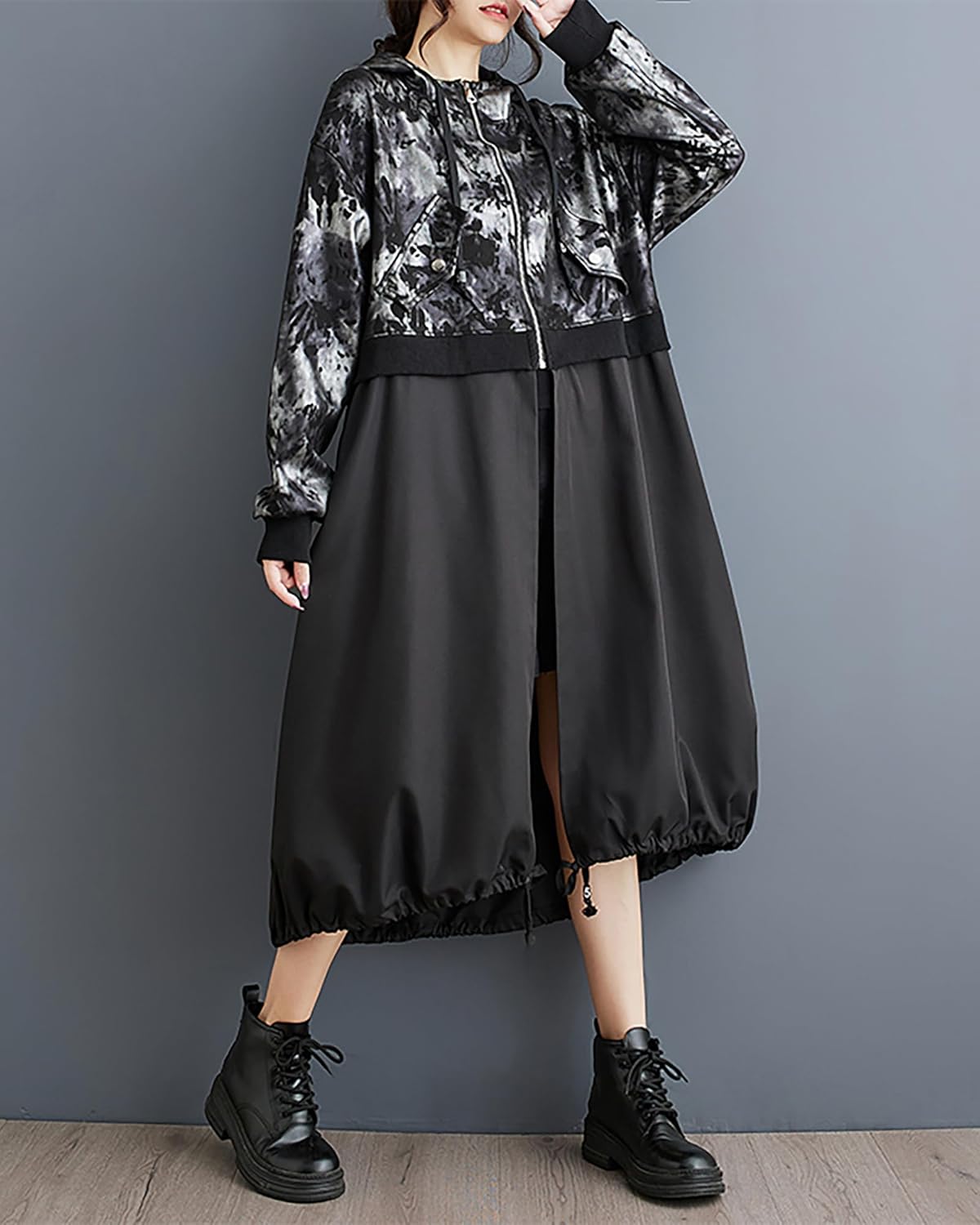 ellazhu Women's Coat Long Sleeve Drawstring Black Color Pattern Hooded Zipper Two Side Pockets Loose GZ296 A