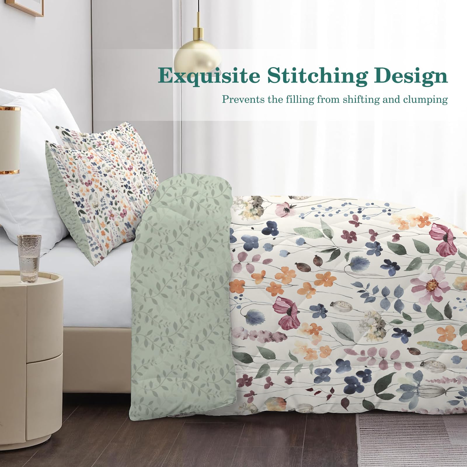 Bettdecke 135x200 4 Jahreszeiten, Beige Blume Vierjahreszeiten Steppdecke 135x200, Warme Ganzjahresdecke Salbeigrüne Pflanzen Bettdecke ohne Bezug Waschbar Schlafdecke mit 2 Kissenbezug 80x80cm