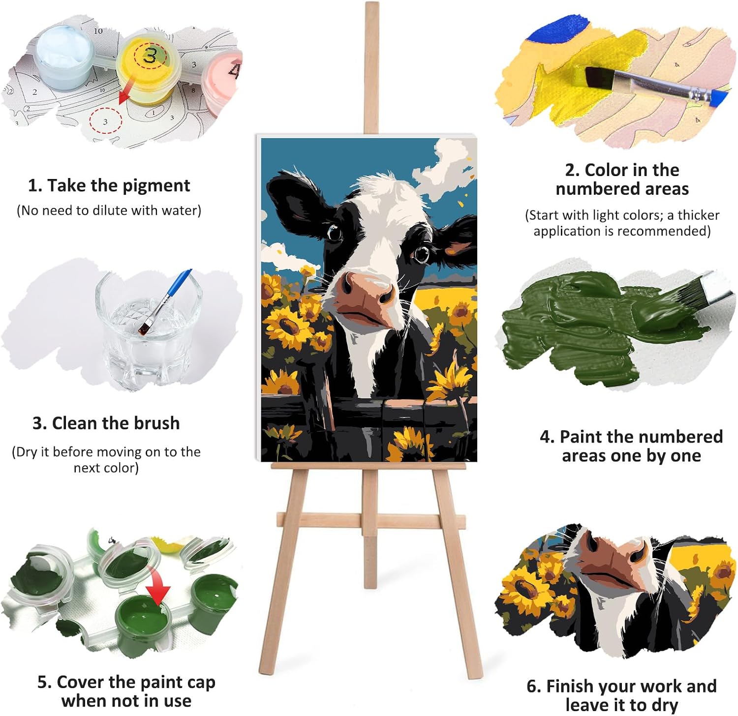 Lxmsja Cartoon Cow Paint by Numbers Kit for Adults, Sunflower Field Acrylic Paint by Numbers for Adults Beginner, DIY Craft Supplies Oil Painting Kits for Home Wall Decor 8x12 inch (Framed)