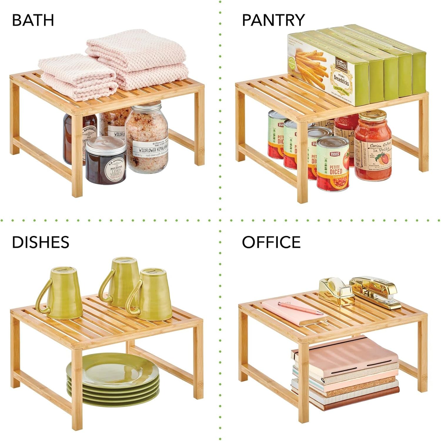 mDesign Wooden Stackable Storage Shelf - Food and Kitchen Organizer for Cabinet, Pantry Shelves, Countertop, Cabinet - Echo Collection - 2 Pack - Natural Bamboo
