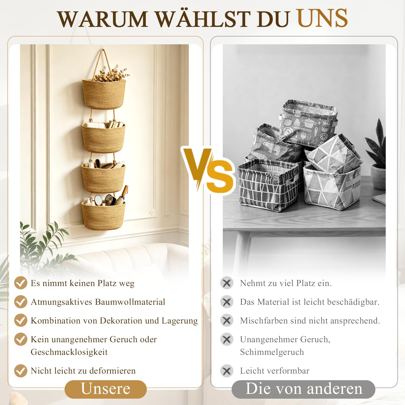 Tür Organizer hängend 4-stöckig, Khaki | Hängekorb aus Baumwollseil, Mit 4 Haken ohne Bohren, 2 verstellbare Cliphaken, Für Küche, Bad, Schlafzimmer