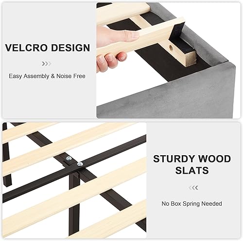 Miniatura 3 de VECELO Base de cama tapizada tamaño Queen con cabecera de tela, soporte de listones de madera, no necesita somier, base de colchón, fácil montaje,