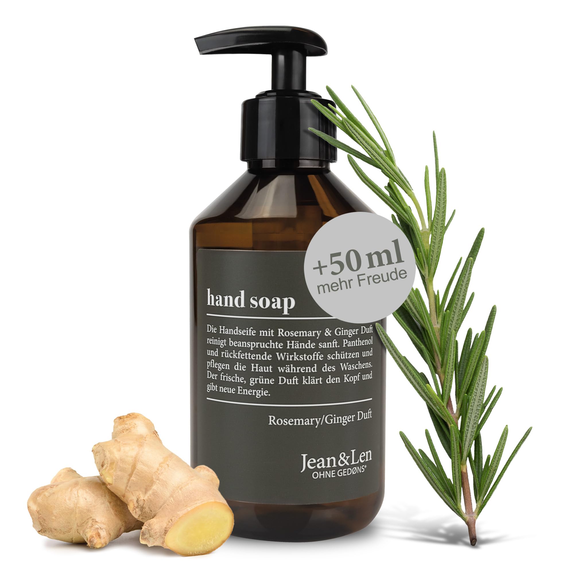 Jean & Len Handseife Rosemary & Ginger, reinigt beanspruchte Hände, für die tägliche Anwendung, Flüssigseife im nachfüllbaren Pumpspender, ohne Parabene, Silikone & Mikroplastik, 300 ml