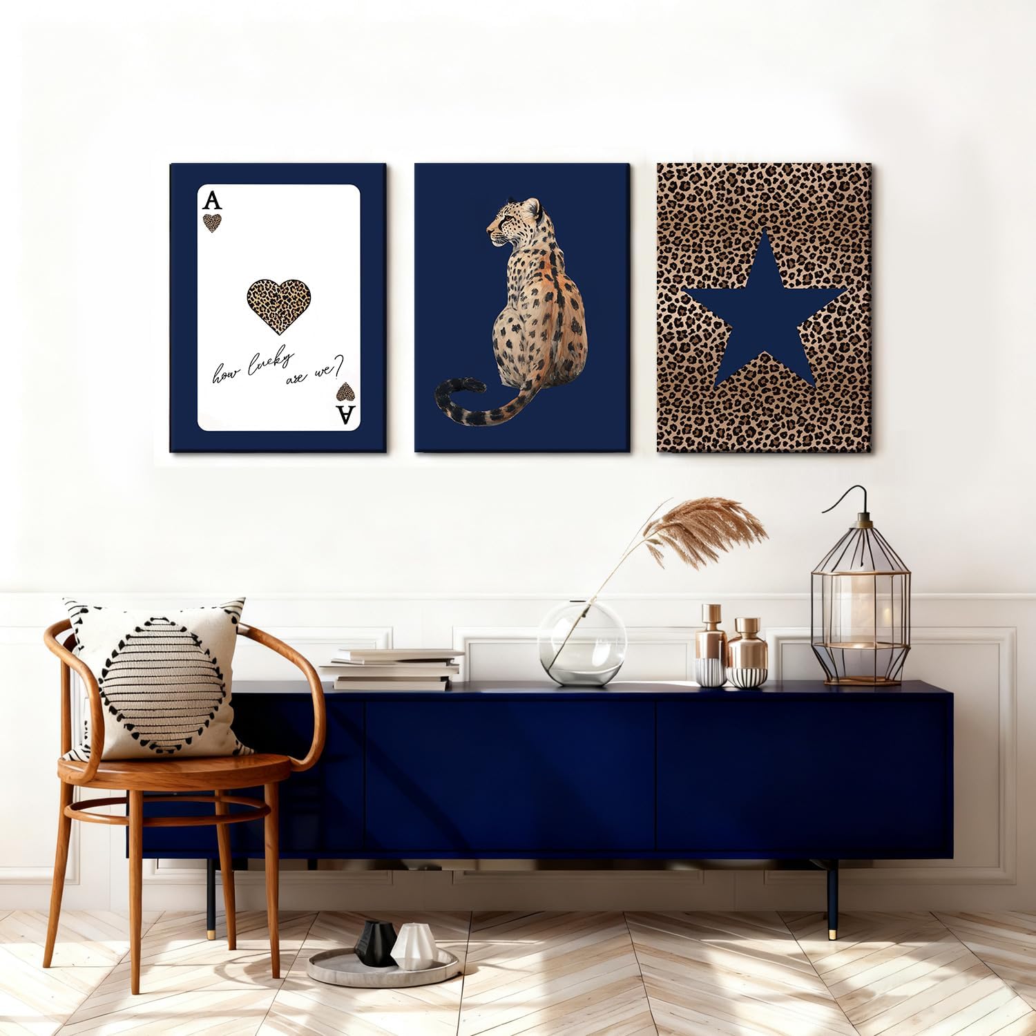 EHNTNNMA 3 pcs Navy Blue Leopard Framed Wall Art, Navy Blue Star Leopard Print Posters, Poker Ace Print Decorative Paintings, Suitable for Living Room, Bedroom and Stylish Home Wall Decoration, 12×16 inch