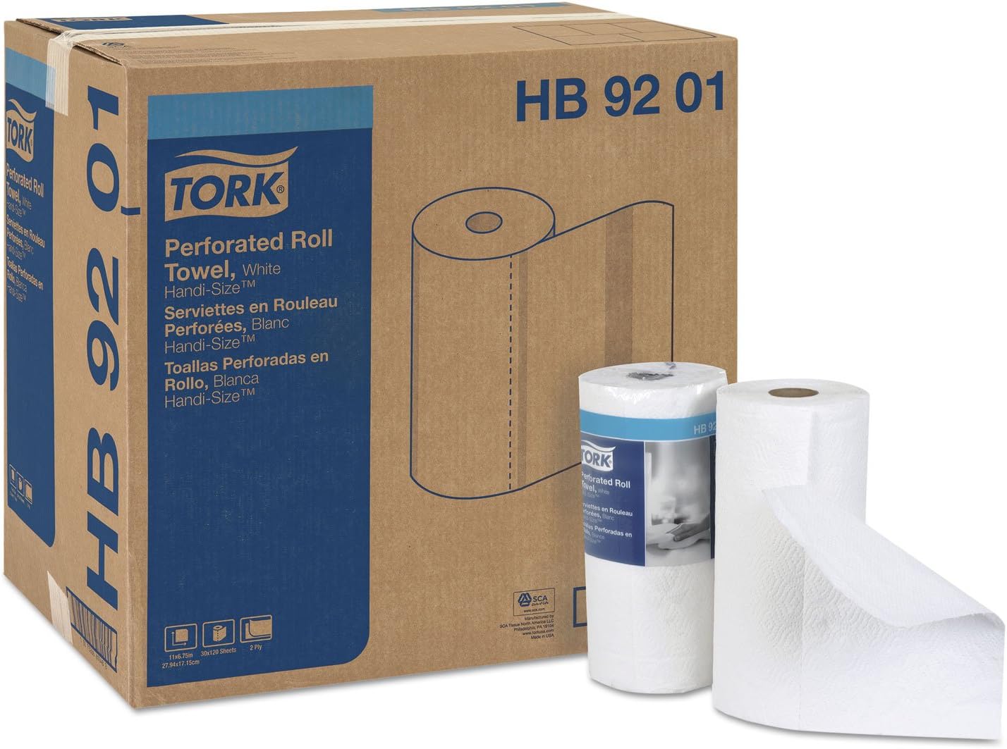 Tork HB9201 Perforated Roll Towels, White, 11 x 6 3/4, 2-Ply, 120/Roll, 30 Rolls/Carton