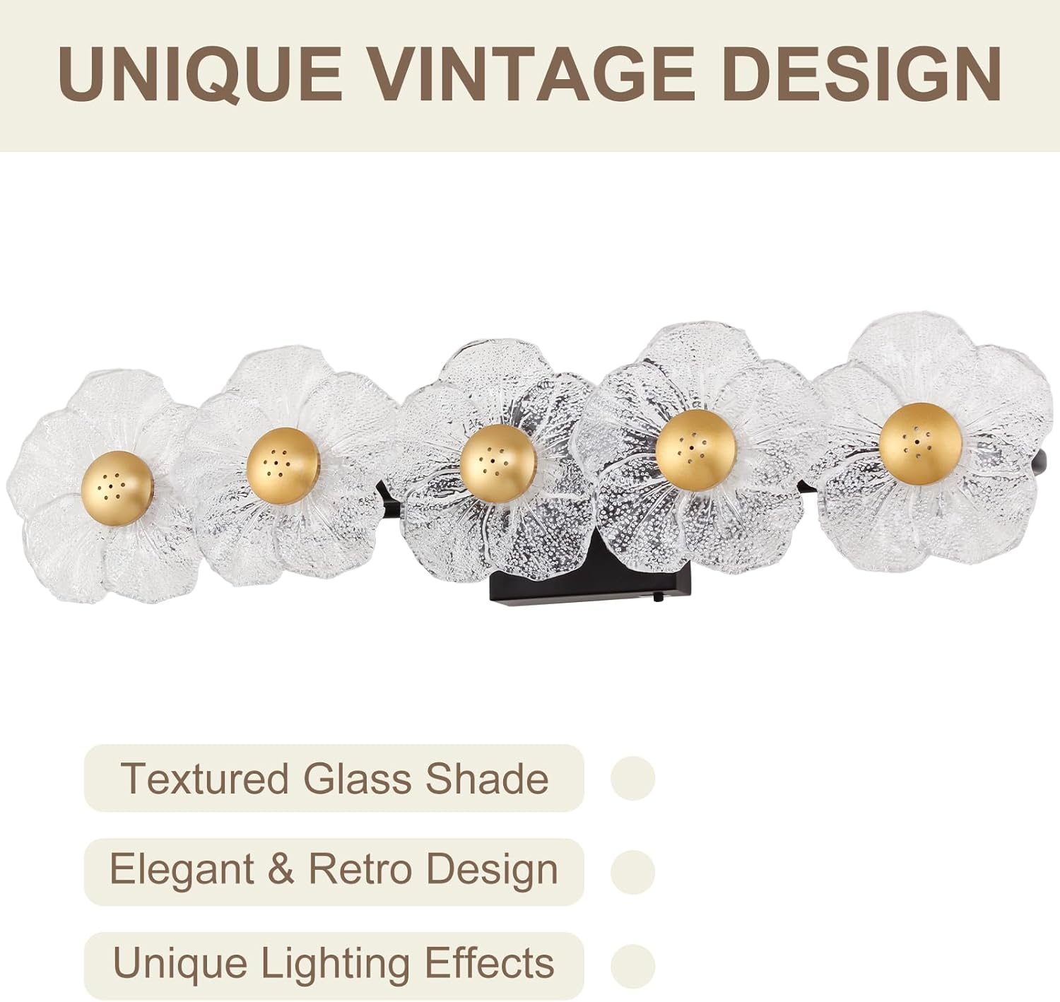 MantoLite 26.7'' Bathroom Light Fixtures Modern Vanity Light Over Mirror Adjustable 3000K-6000K Picture Lights Art Light with Floral Clear Glass Shades for Living Room Bedroom (5 Light Black)