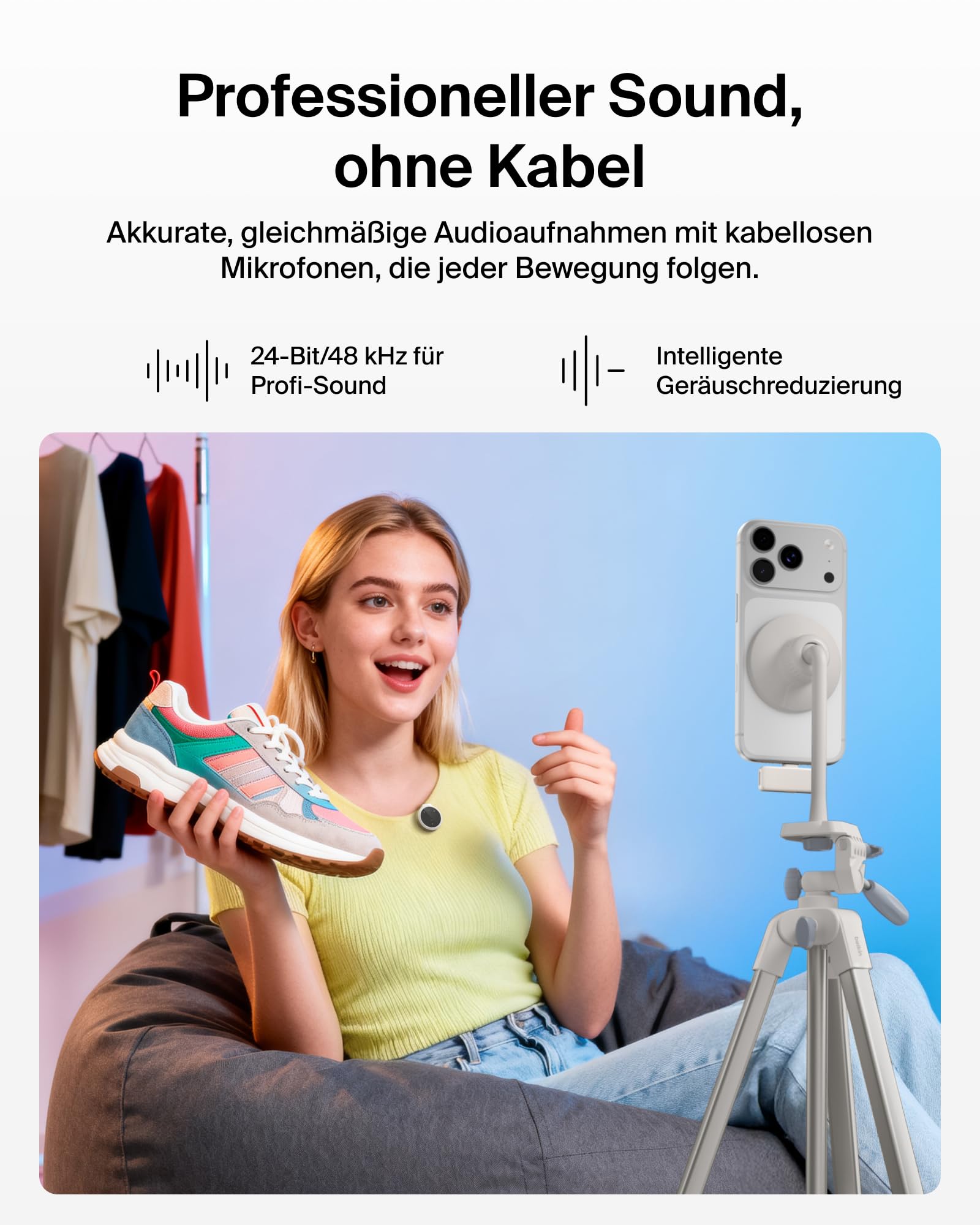 Belkin Stage Mini Mikrofon kabellos, 2er Set mit Clip für iPhone, Android, 24-Bit/48 kHz, 36 Std. Akku, Geräuschreduzierung, Funkmikrofon magnetisch omnidirektional für YouTube, Podcast, Vlogging