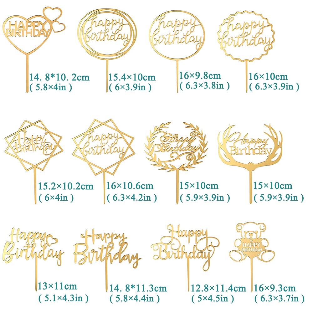 12 Stück Happy Birthday Tortendeko | Goldene Acryl Cake Topper & Cupcake-Stecker | Für Geburtstagsfeiern