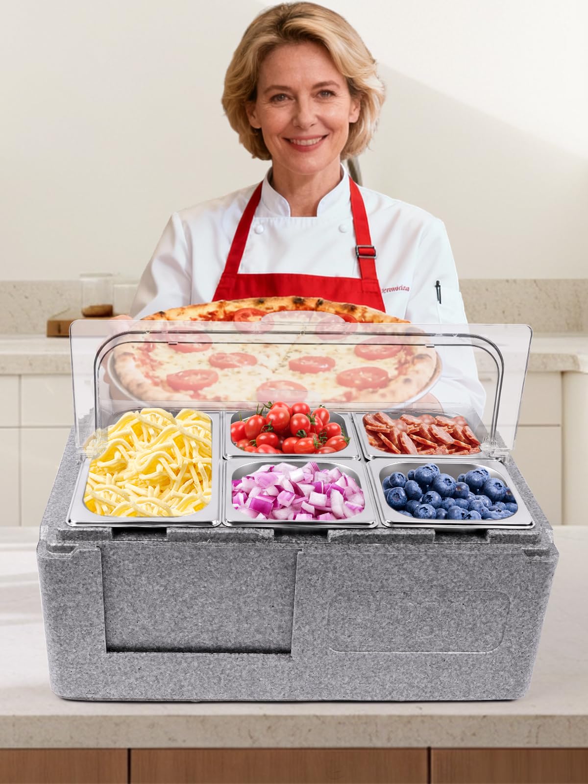 Kalolary Recipiente para ingredientes de acero inoxidable, 7 cuencos, para ensalada, estación de bufé, para platos fríos, con acumuladores de frío y tapas, juego de recipientes de bufé, bandeja para