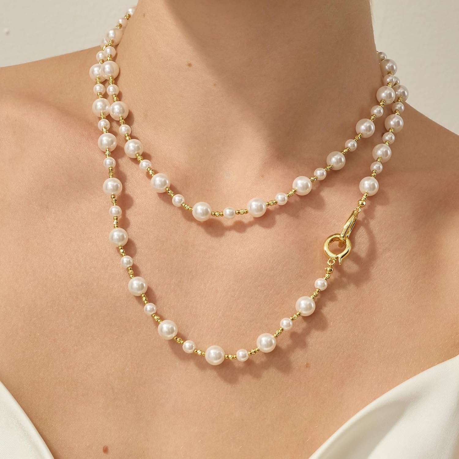 ARSIS 18K Gold Plated Shell Pearl Necklace for Women, 35"/45" Long Dainty Pearl Layering Necklace Beaded Choker, Vintage Boho Strand Necklace Vacation Jewelry Gift for Birthday Anniversary Party