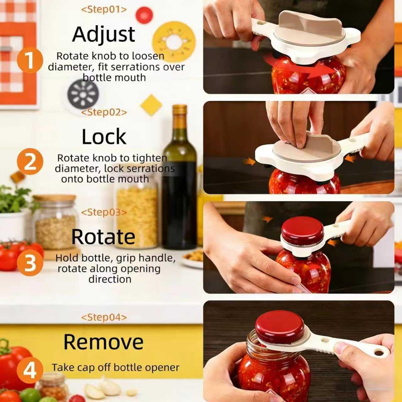 4 in 1 Multi-Purpose Jar Opener, Adjustable Three Claw Bottle Opener with Non Slip Teeth, Includes Magnetic Hook For Beer Bottle Caps And Non-Slip Rubber Gripper For Stubborn Lids (2)