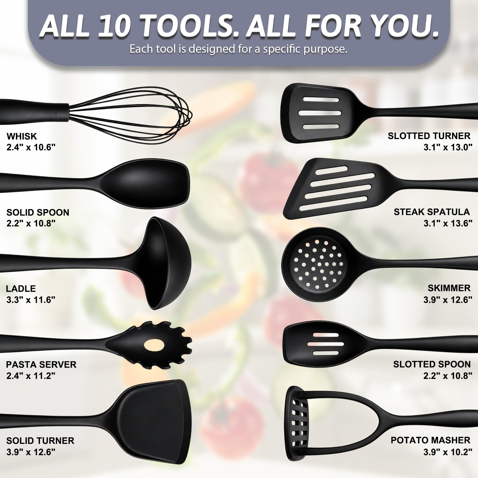 Lot de 10 ustensiles de cuisine en silicone épais - Antiadhésifs - Résistants à la chaleur - Sans BPA - Avec spatule, cuillère et louche (noir)