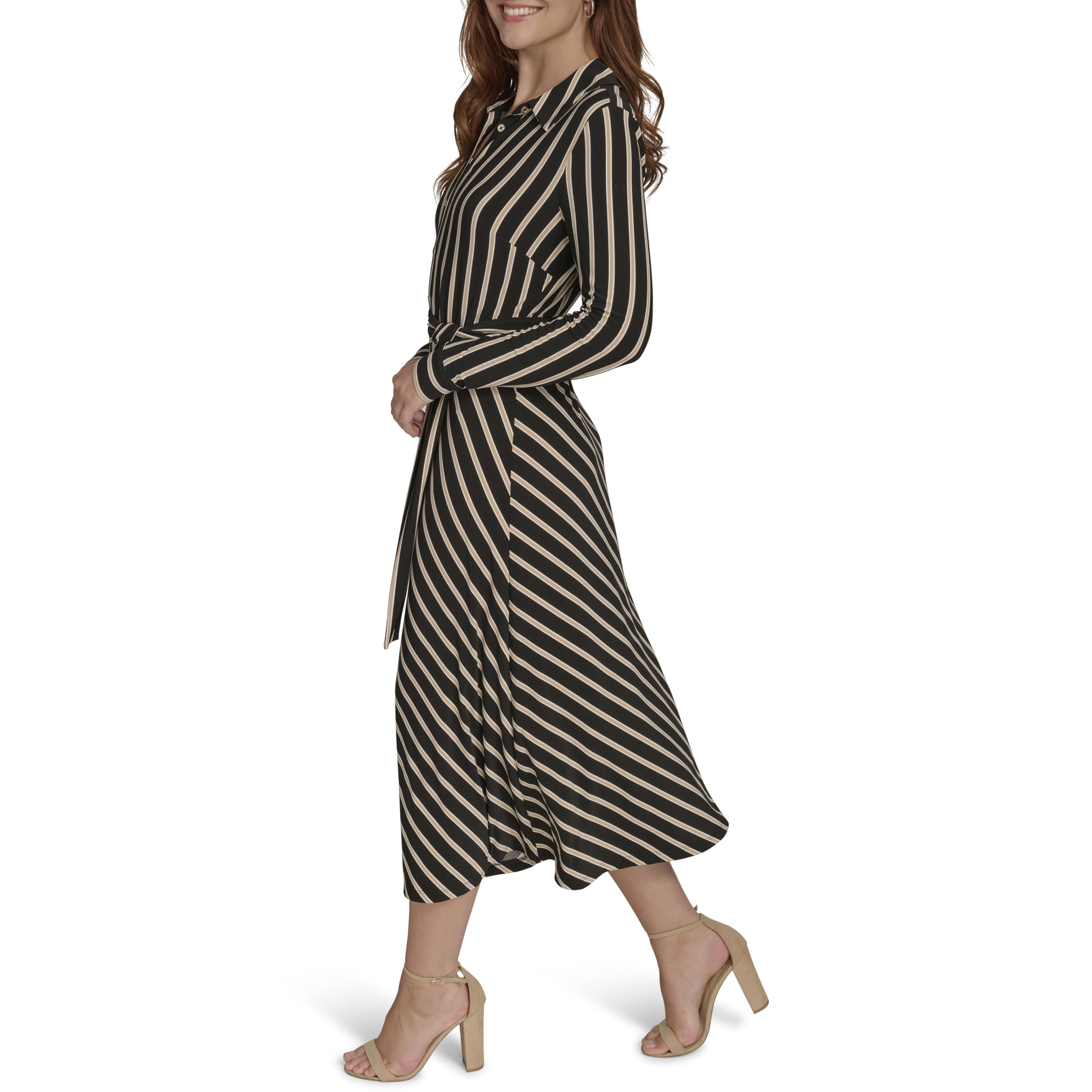 Tommy Hilfiger Long Sleeve Collared Self Tie Midi Shirtdress Vestido Informal Mujer