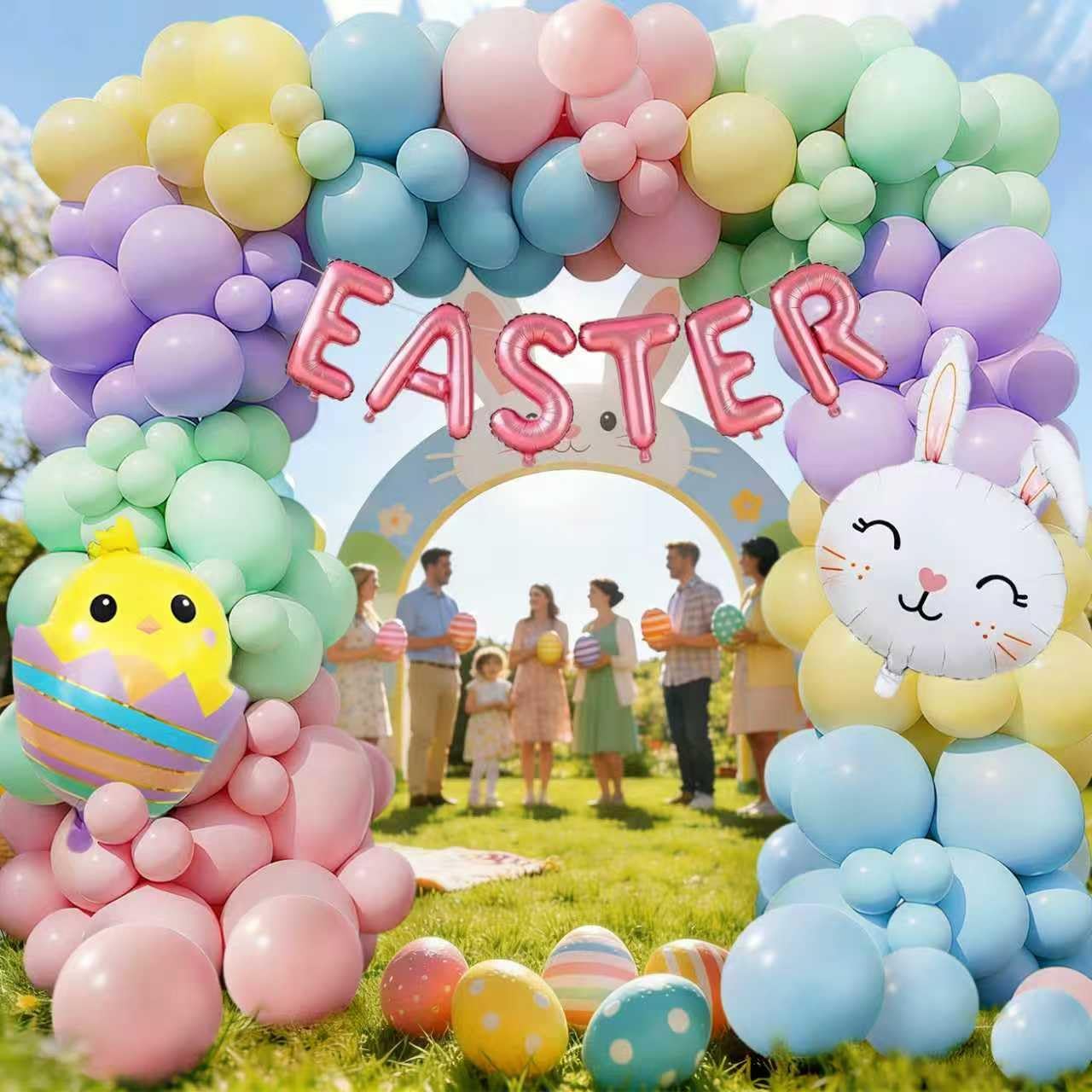 Easter Balloon Garland Arch Kit 134pcs Pastel Rainbow balloons with Foil Eater Egg & Bunny Balloons for Happy Spring Easter Birthday Baby Shower Wedding Gender Reveal Decor